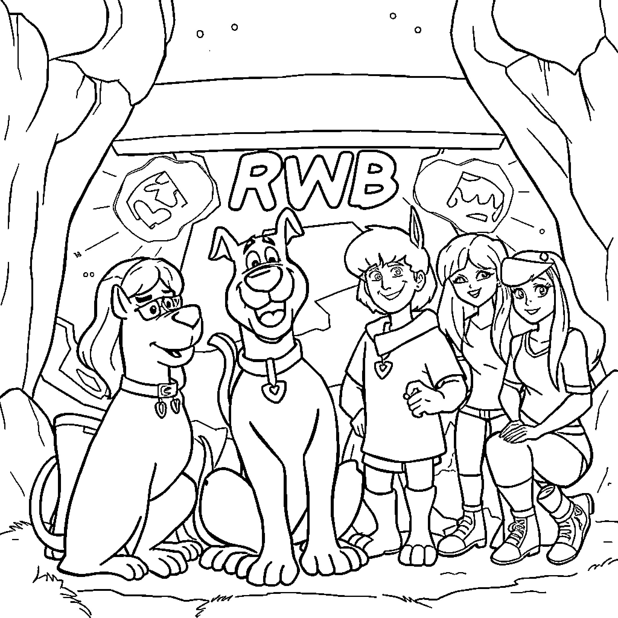 Scooby Doo and the Gang Exploring Mystery Coloring Page (free black-and-white line drawing printable PDF for all, from beginners to advanced learners, including children, teens, adults, and seniors)