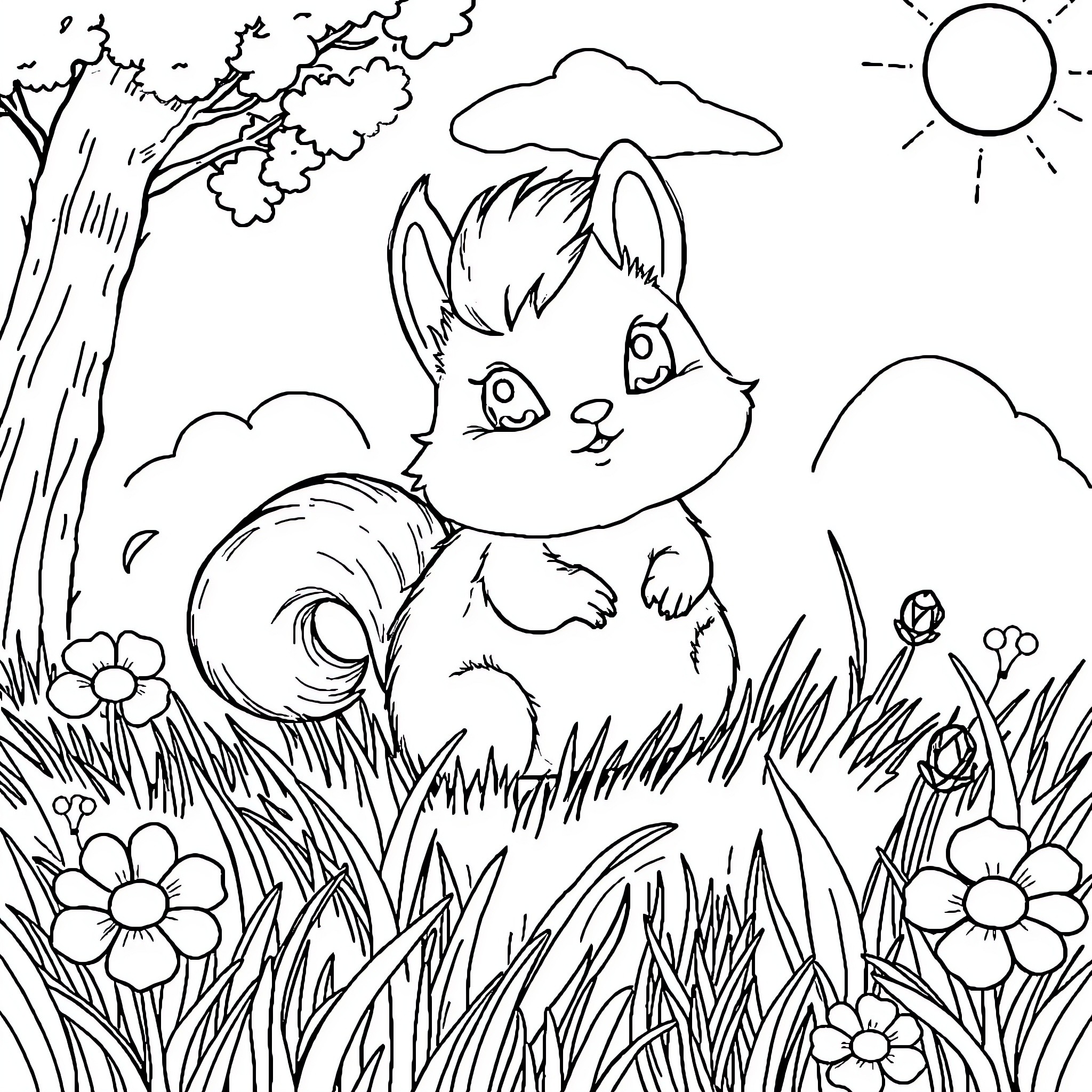 Sprunki exploring a whimsical forest scene Coloring Page (free black-and-white line drawing printable PDF for all, from beginners to advanced learners, including children, teens, adults, and seniors)
