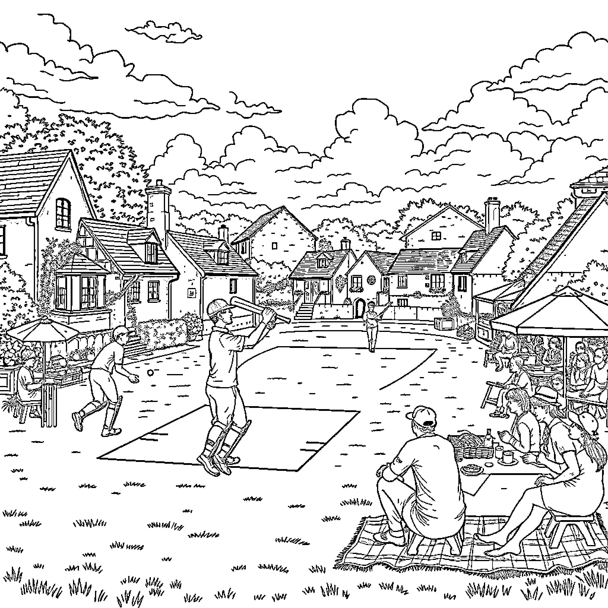 Cricket Match in a Quaint Village Setting Coloring Page (free black-and-white line drawing printable PDF for all, from beginners to advanced learners, including children, teens, adults, and seniors)
