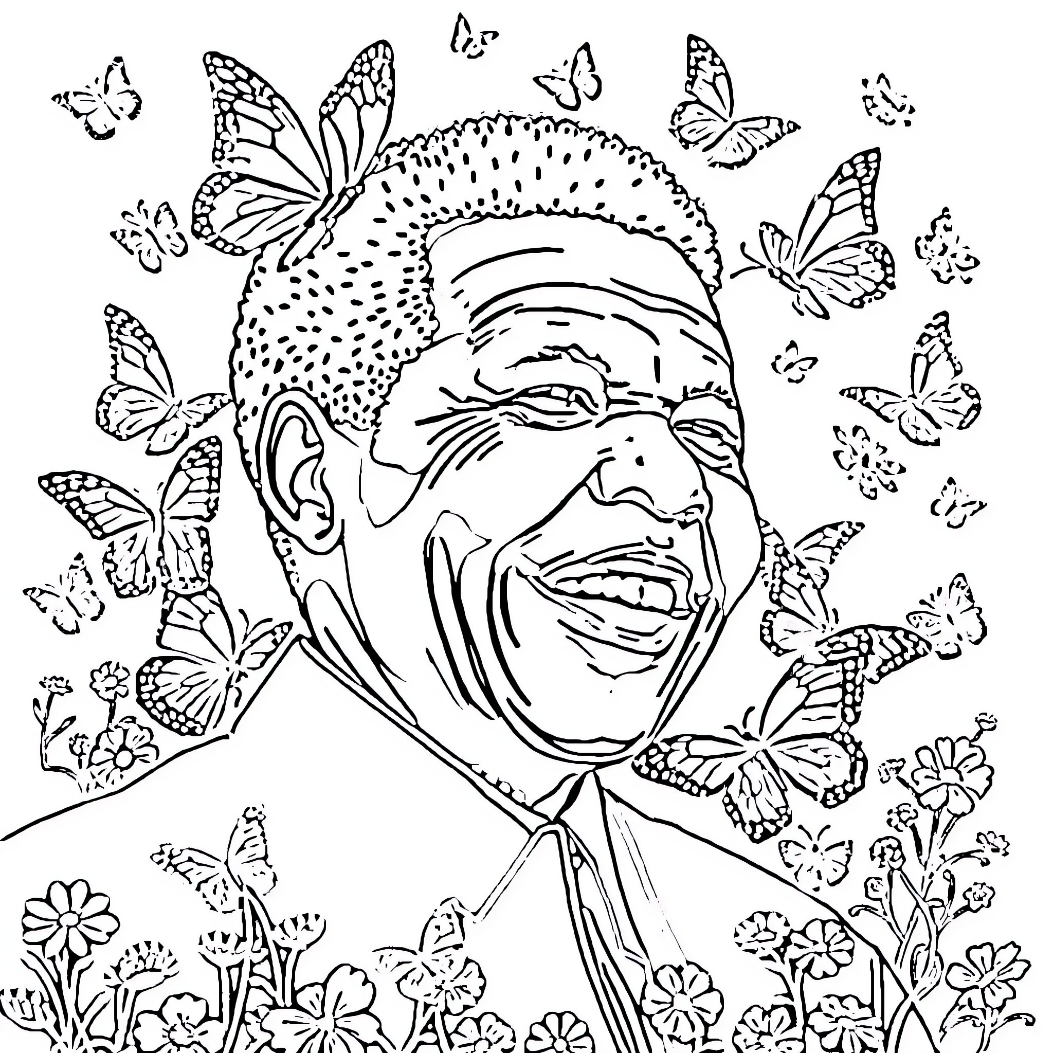 Mandala of a joyful person surrounded by butterflies Coloring Page (free black-and-white line drawing printable PDF for all, from beginners to advanced learners, including children, teens, adults, and seniors)