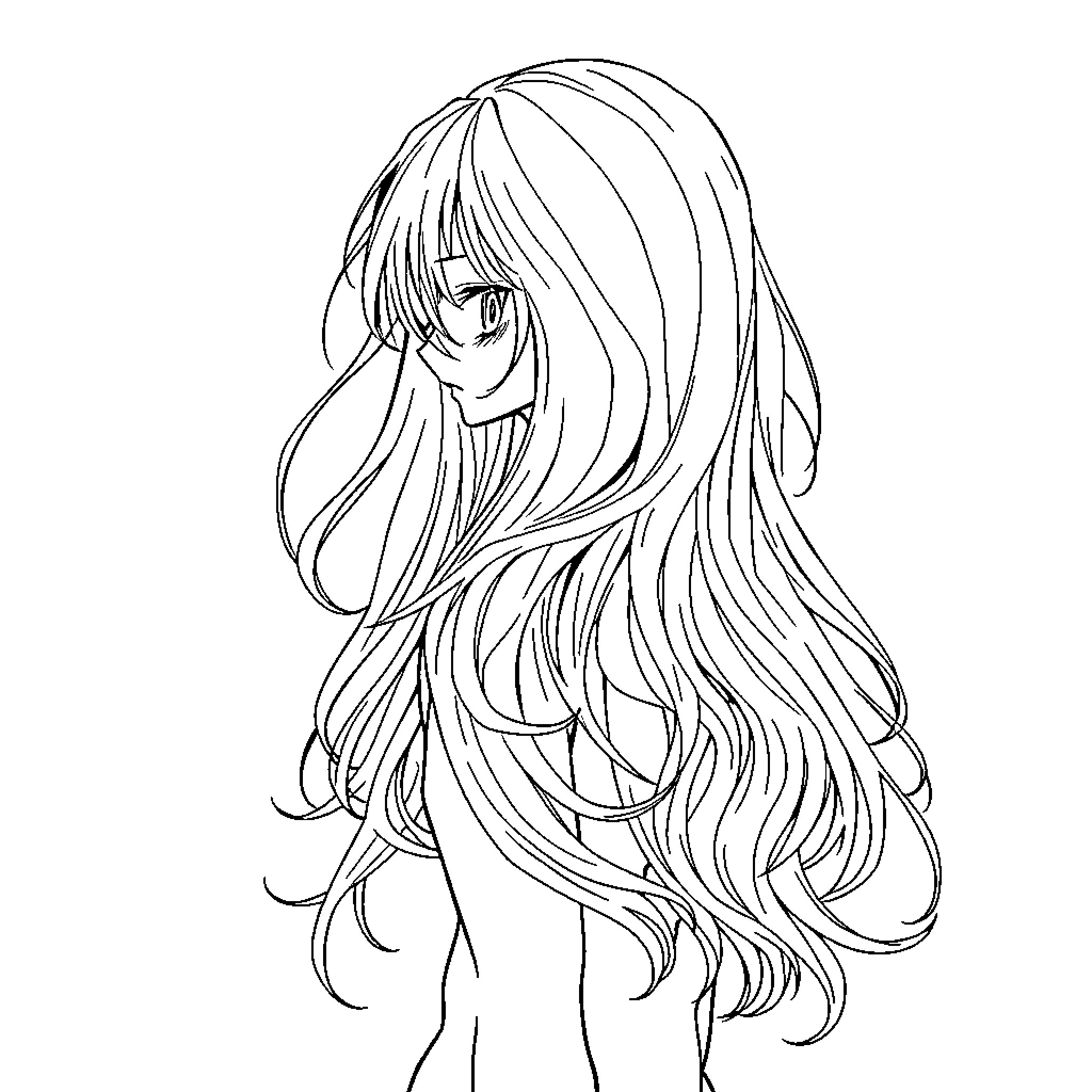Anime Girl with Flowing Hairstyle Coloring Page (free black-and-white line drawing printable PDF for all, from beginners to advanced learners, including children, teens, adults, and seniors)