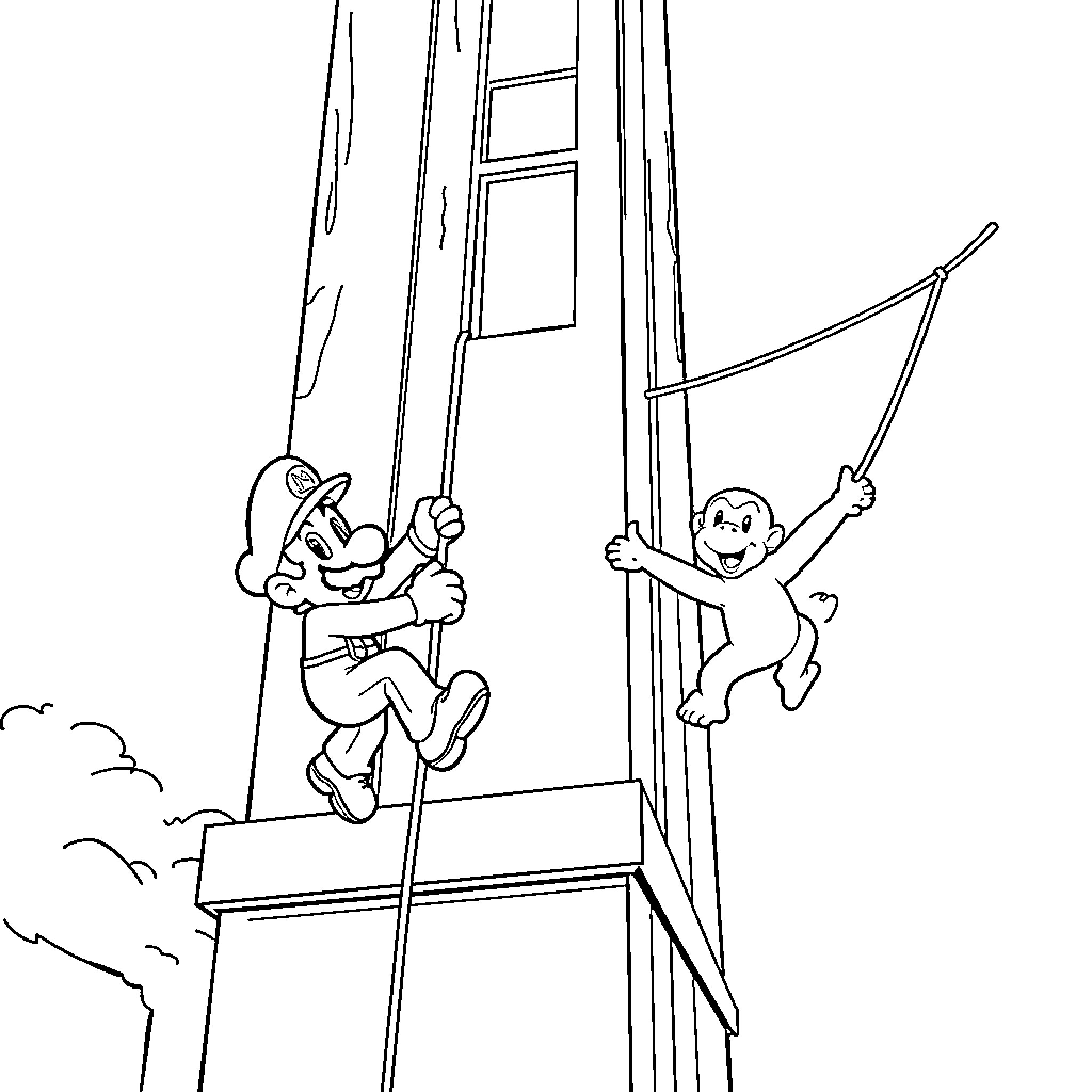 Mario and friend climbing and playing on construction site Coloring Page (free black-and-white line drawing printable PDF for all, from beginners to advanced learners, including children, teens, adults, and seniors)