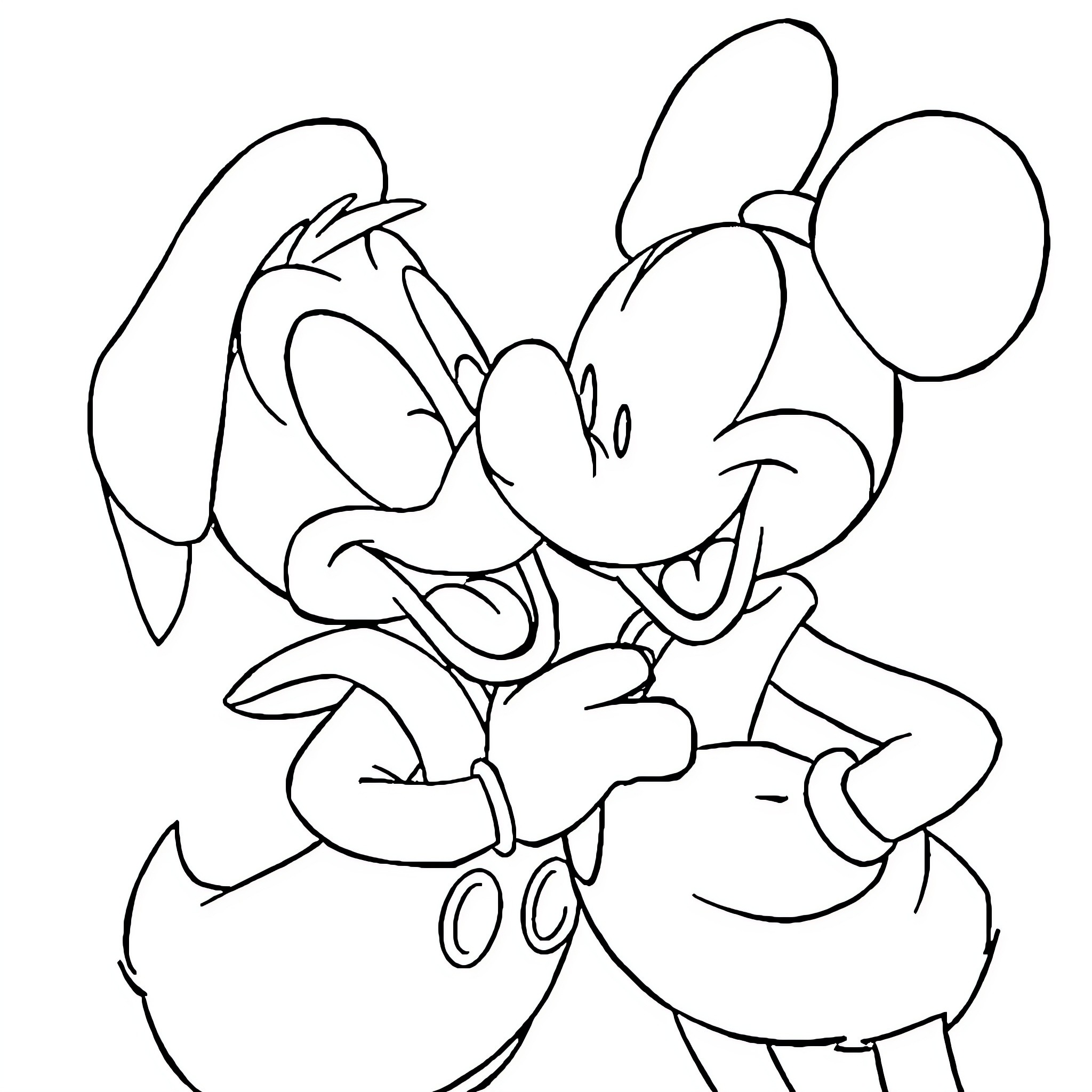 Donald Duck and Minnie Mouse in a playful embrace Coloring Page (free black-and-white line drawing printable PDF for all, from beginners to advanced learners, including children, teens, adults, and seniors)