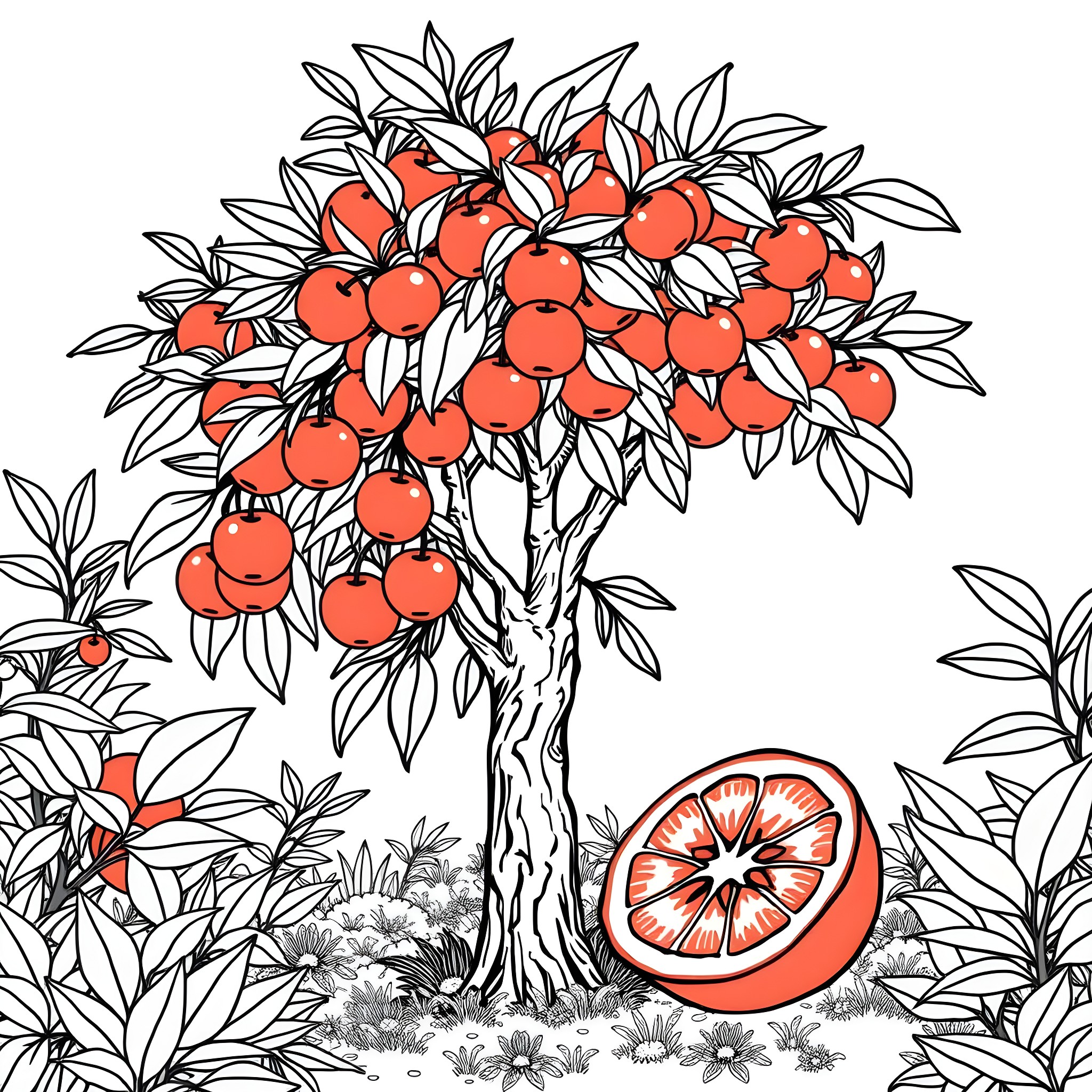 Cherry Orange Orchard Bountiful Harvest Coloring Page (free black-and-white line drawing printable PDF for all, from beginners to advanced learners, including children, teens, adults, and seniors)