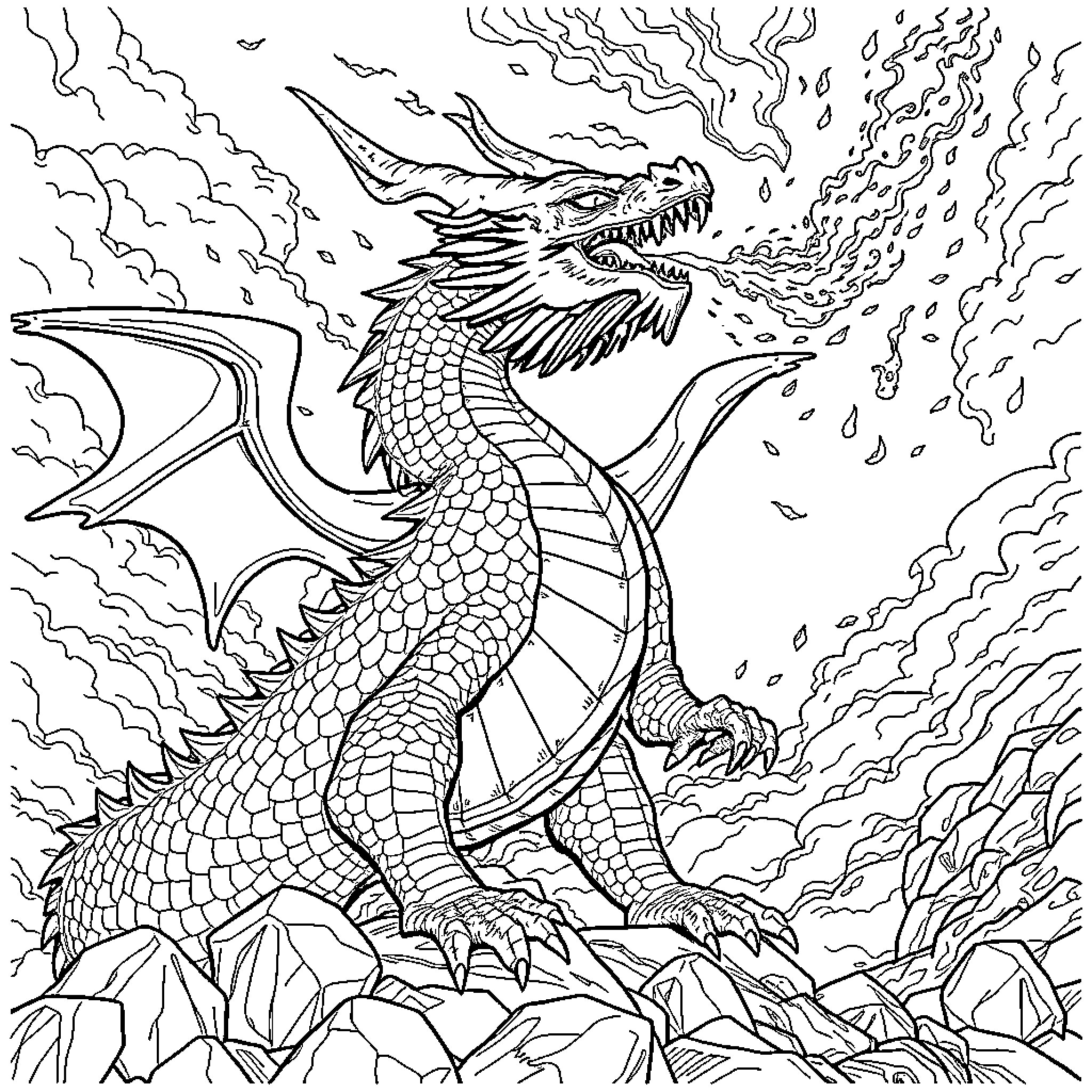Dragon Unleashing Fiery Fury amidst Swirling Clouds Coloring Page (free black-and-white line drawing printable PDF for all, from beginners to advanced learners, including children, teens, adults, and seniors)