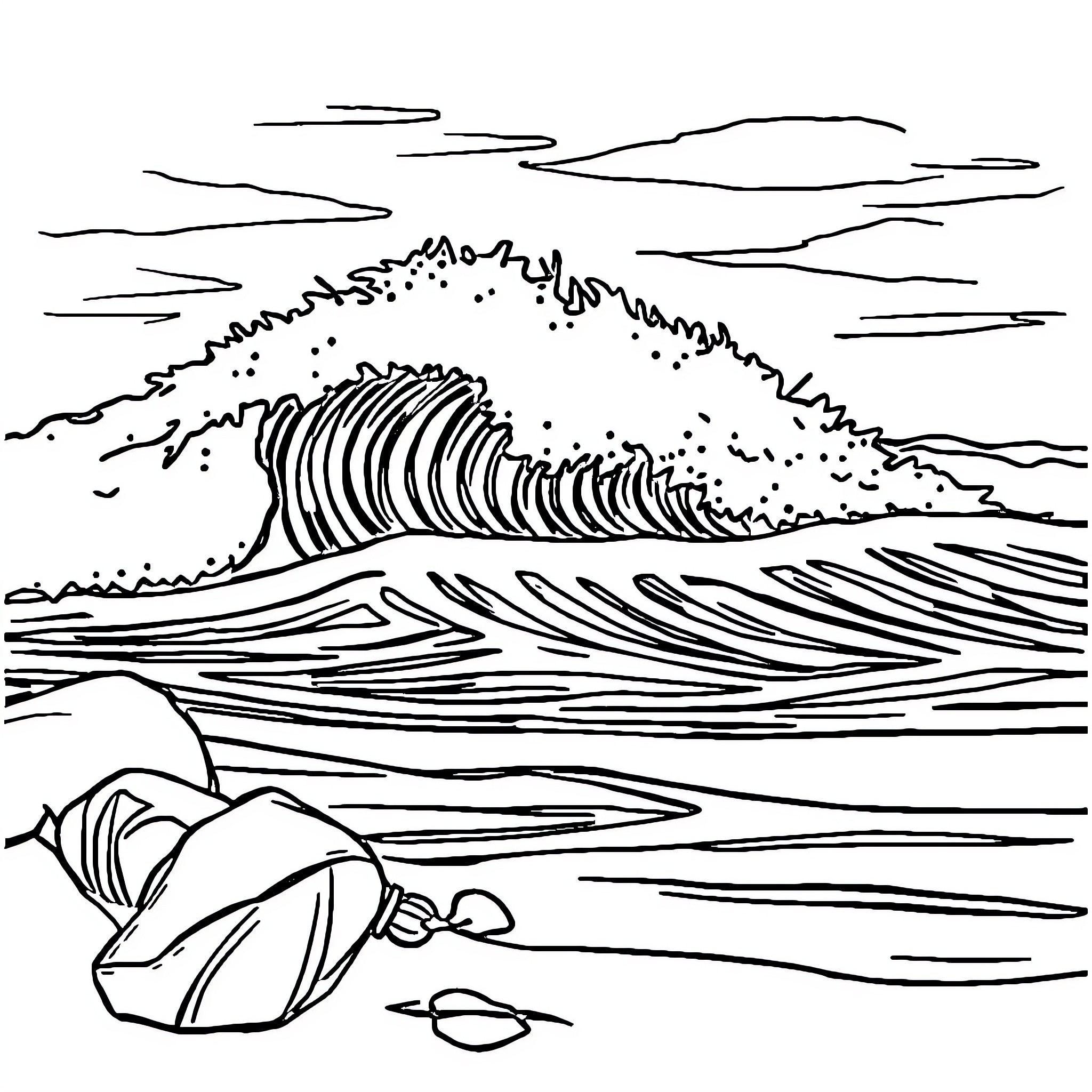 Wave crashing on the shore with rocks Coloring Page (free black-and-white line drawing printable PDF for all, from beginners to advanced learners, including children, teens, adults, and seniors)