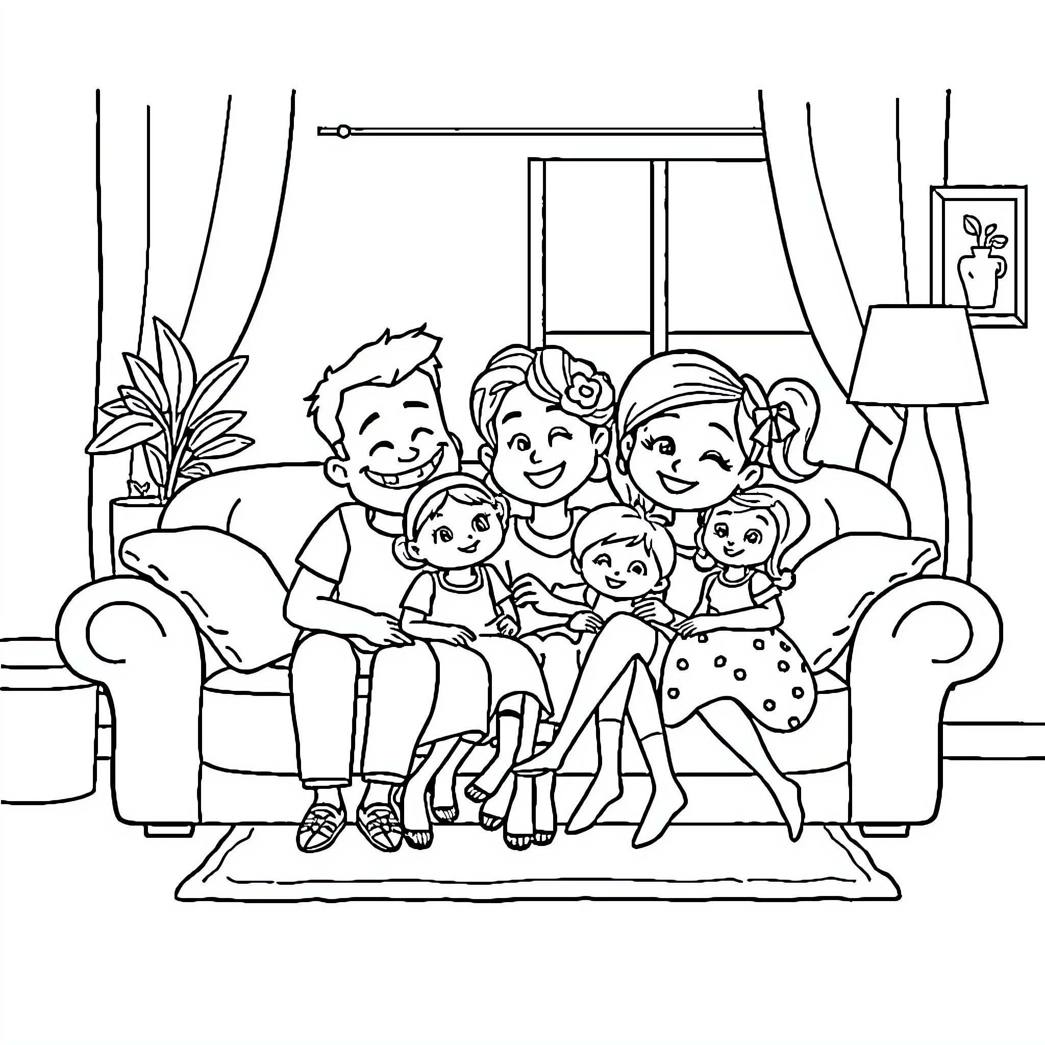 Bluey's Family Relaxing Together at Home Coloring Page (free black-and-white line drawing printable PDF for all, from beginners to advanced learners, including children, teens, adults, and seniors)