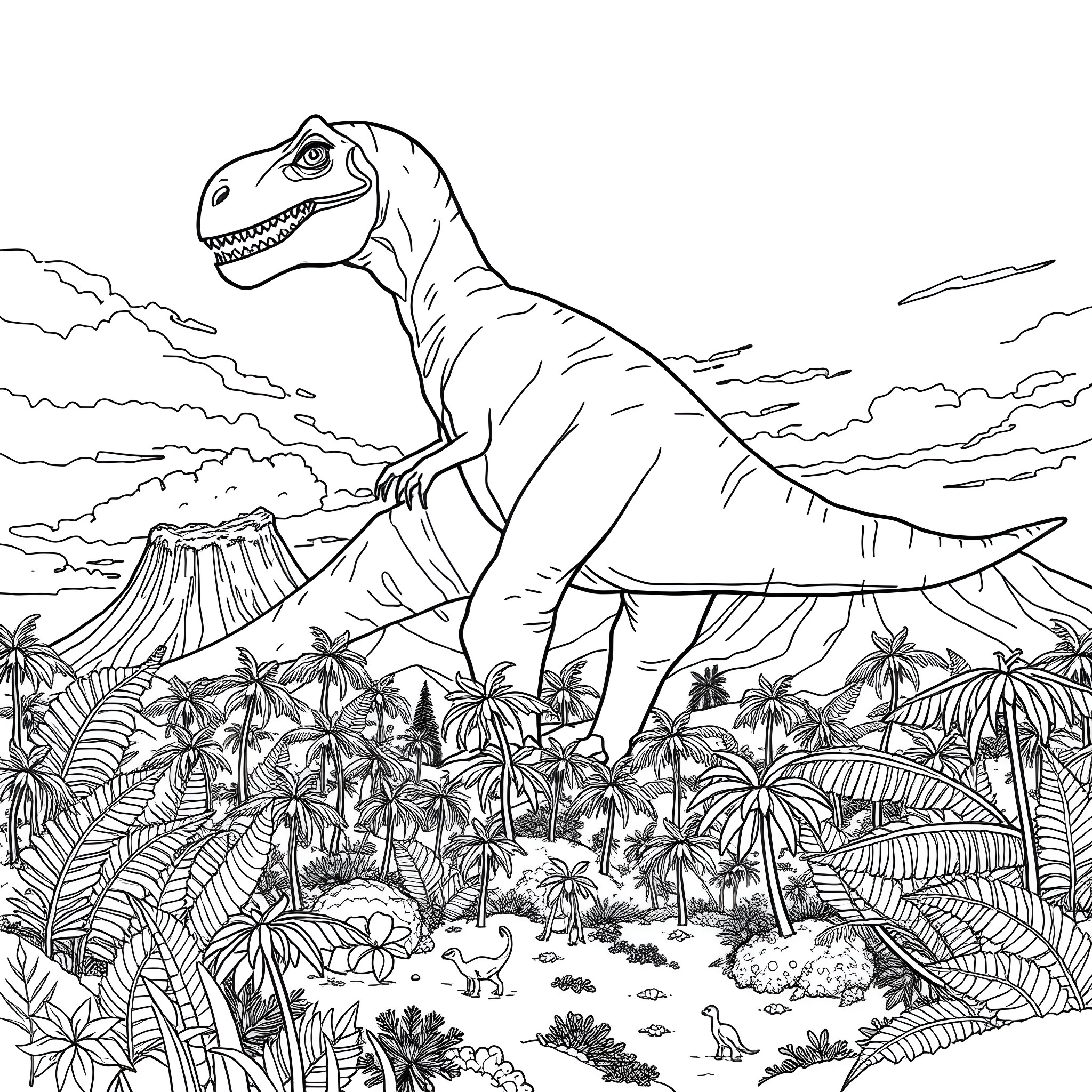 Dinosaur roaming in prehistoric landscape Coloring Page (free black-and-white line drawing printable PDF for all, from beginners to advanced learners, including children, teens, adults, and seniors)