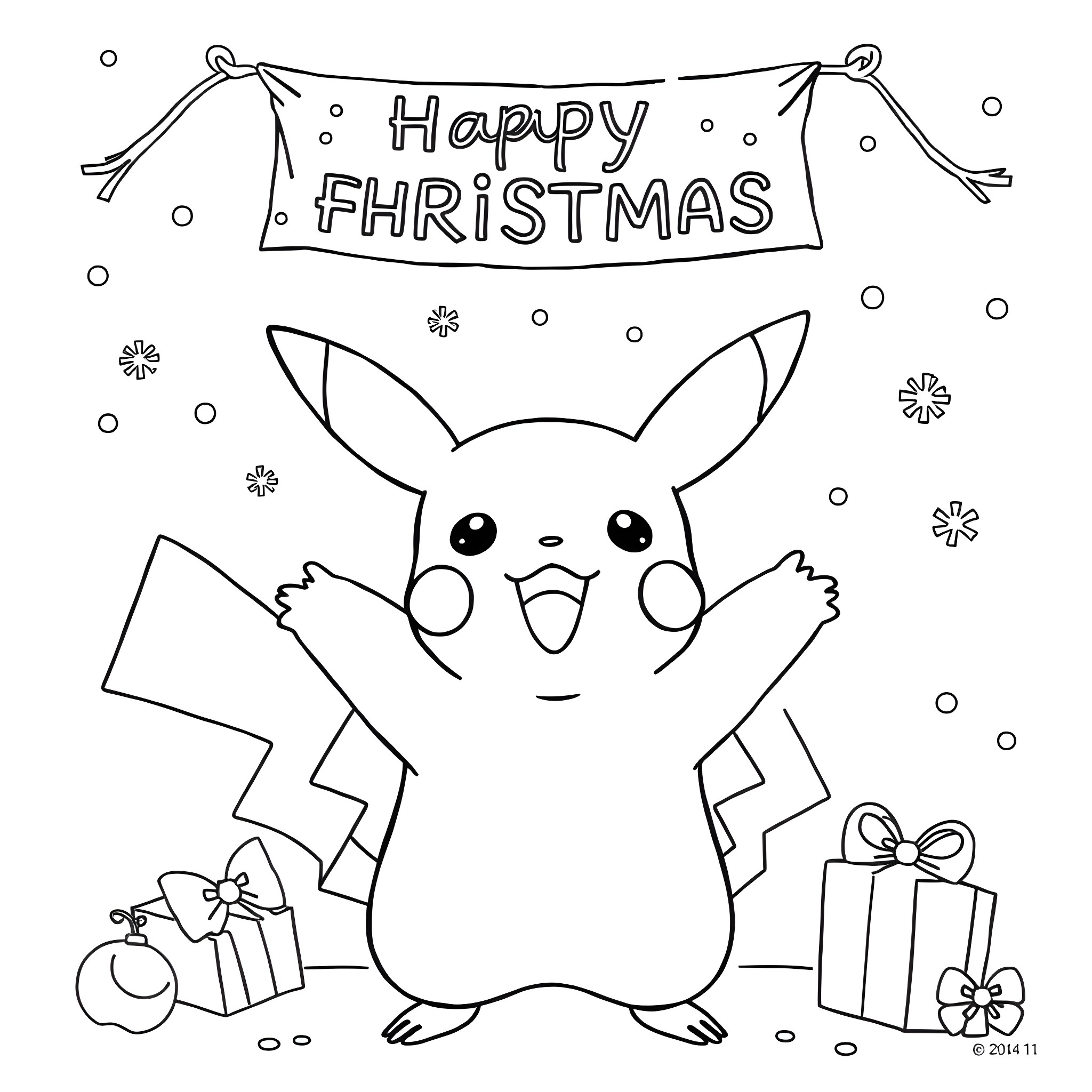 Pikachu celebrating a festive Christmas Coloring Page (free black-and-white line drawing printable PDF for all, from beginners to advanced learners, including children, teens, adults, and seniors)