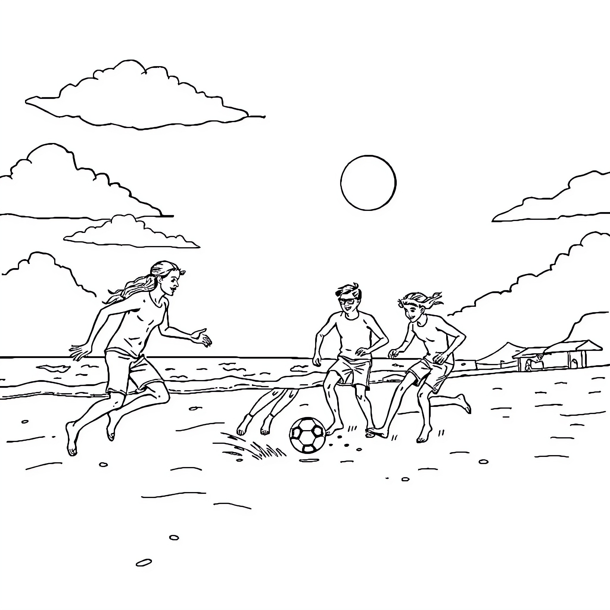 Football players enjoying a sunny beach day Coloring Page (free black-and-white line drawing printable PDF for all, from beginners to advanced learners, including children, teens, adults, and seniors)