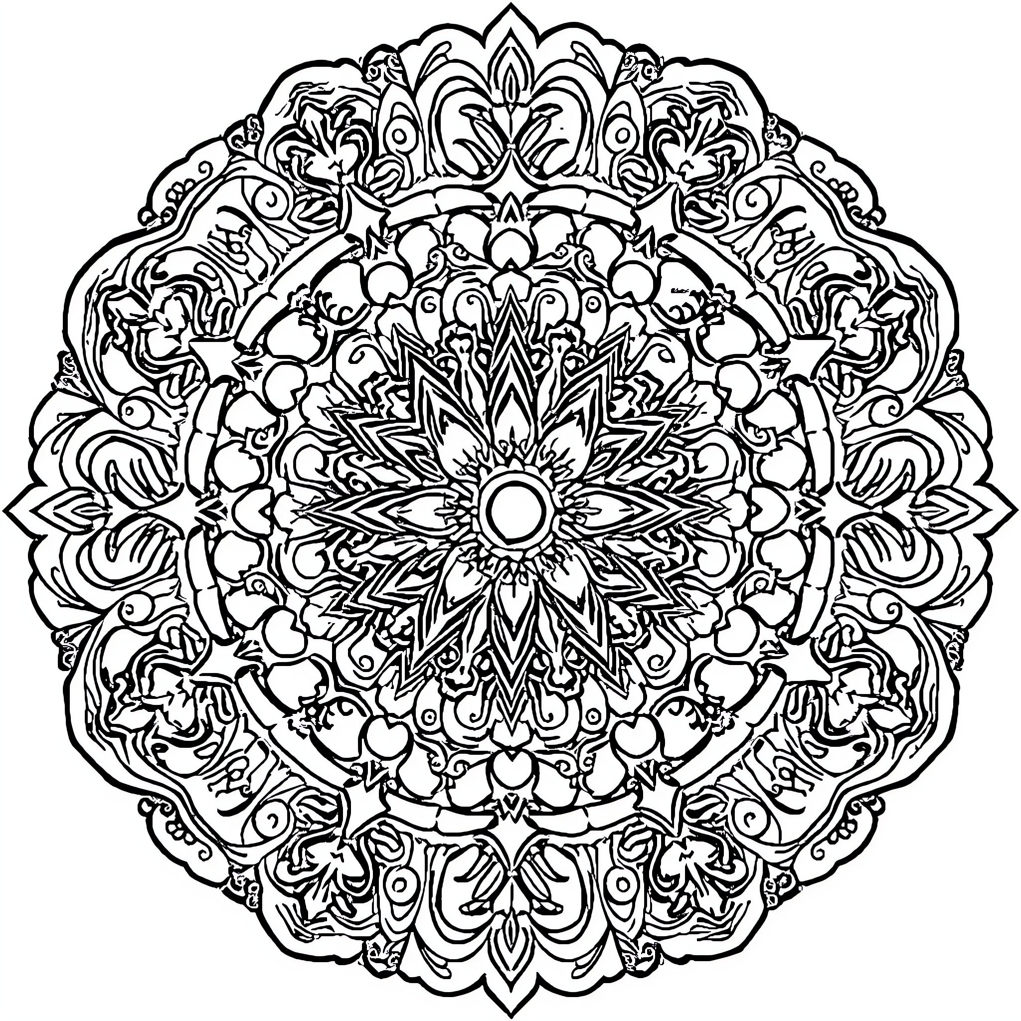 Paisley Mandala Design with Intricate Patterns Coloring Page (free black-and-white line drawing printable PDF for all, from beginners to advanced learners, including children, teens, adults, and seniors)