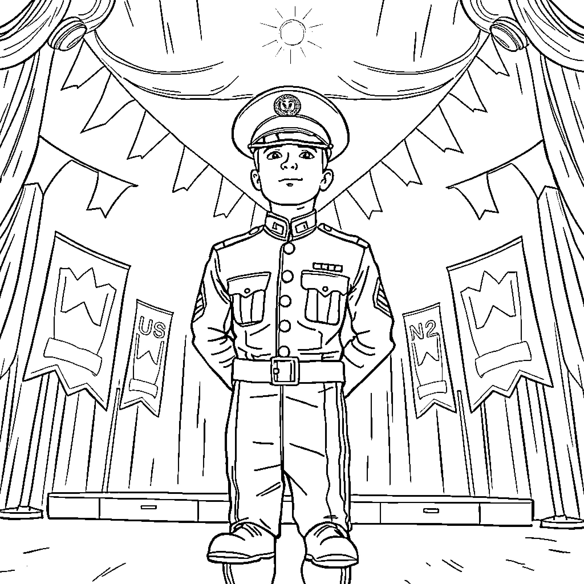 Marine in Uniform Saluting with Patriotic Backdrop Coloring Page (free black-and-white line drawing printable PDF for all, from beginners to advanced learners, including children, teens, adults, and seniors)