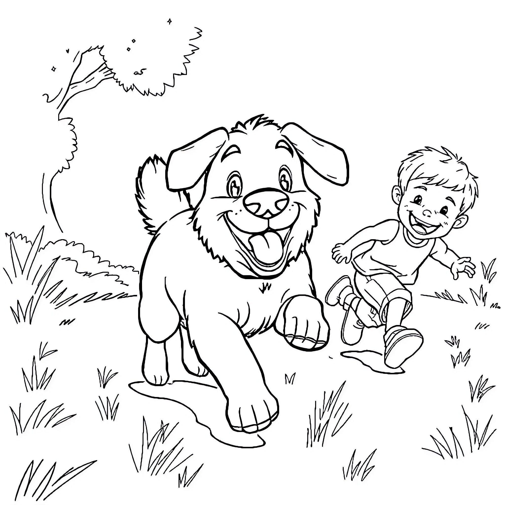 Dog and Boy Playing in the Park Coloring Page (free black-and-white line drawing printable PDF for all, from beginners to advanced learners, including children, teens, adults, and seniors)