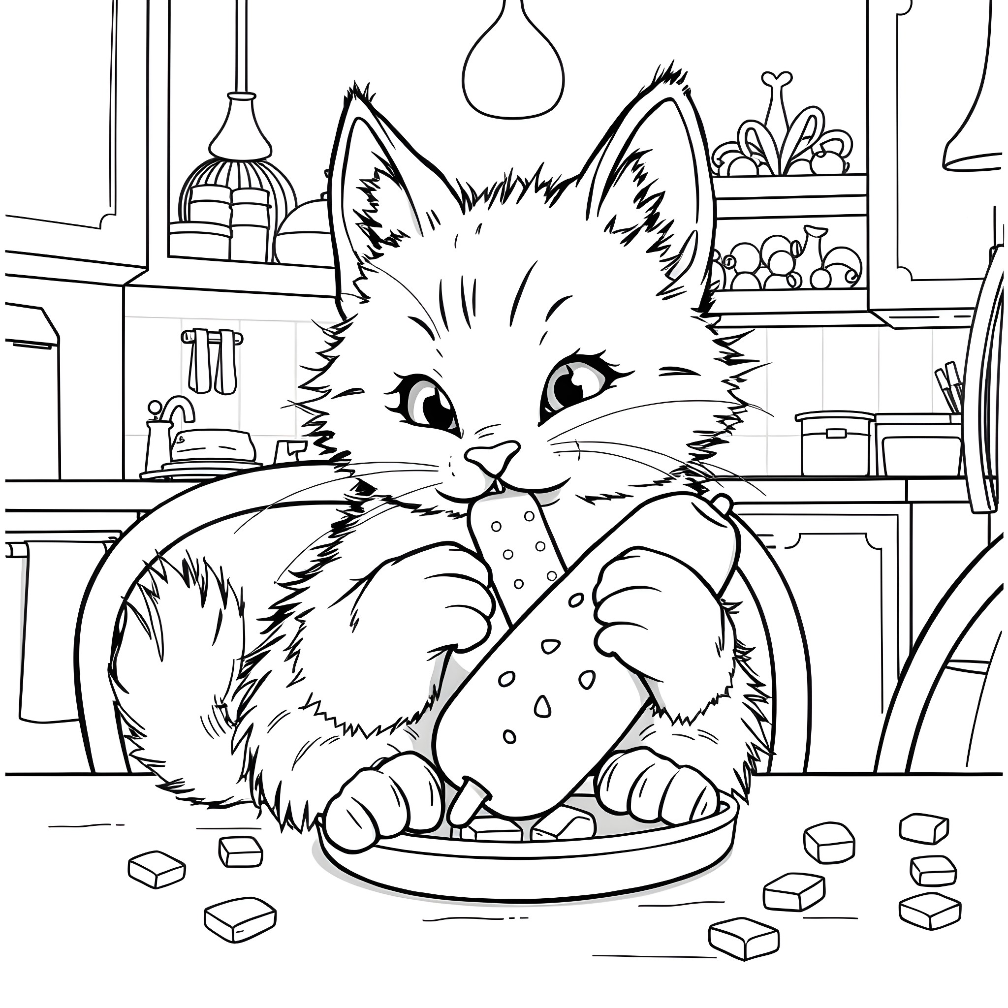 Cat eating treats in the kitchen Coloring Page (free black-and-white line drawing printable PDF for all, from beginners to advanced learners, including children, teens, adults, and seniors)