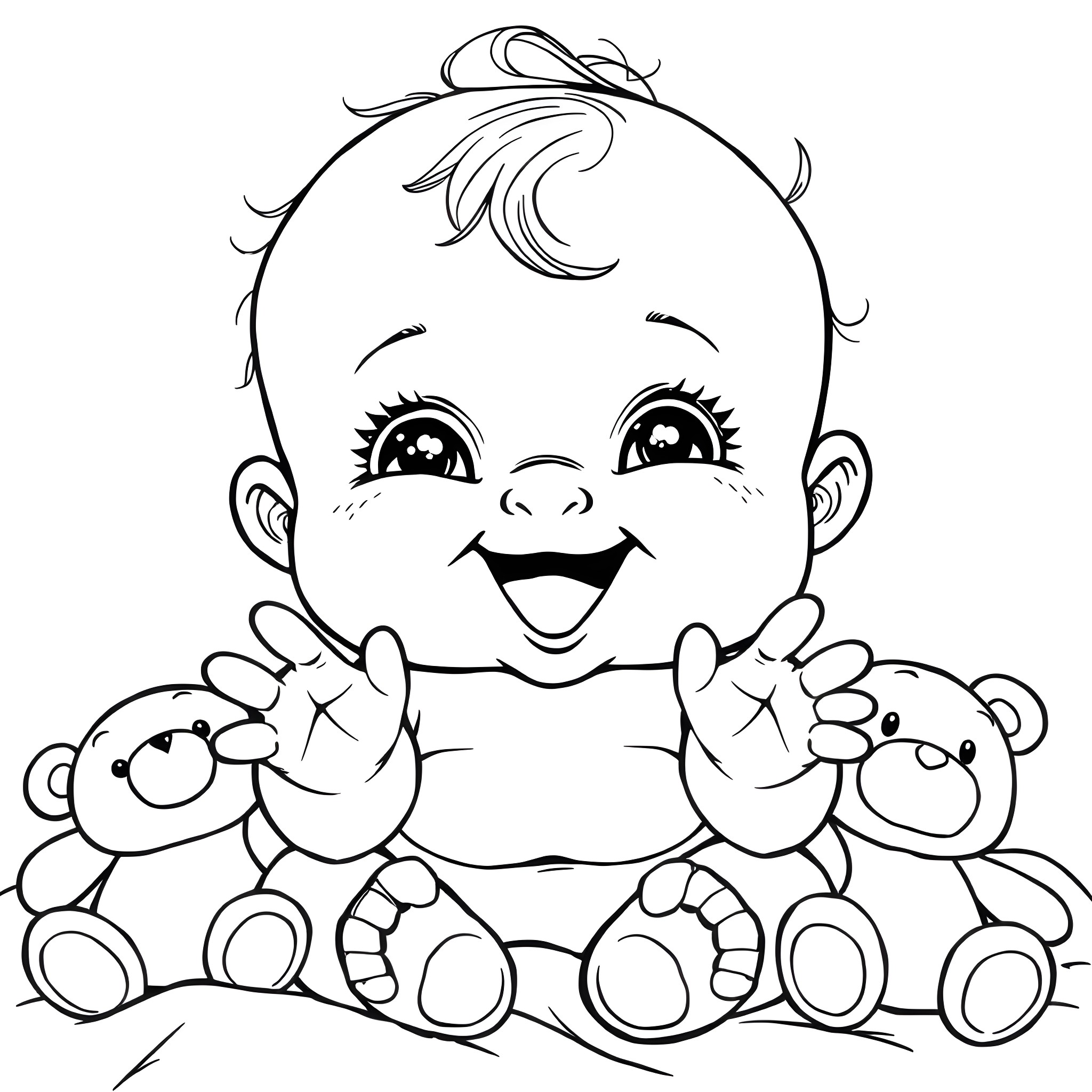 Baby playing happily with teddy bears Coloring Page (free black-and-white line drawing printable PDF for all, from beginners to advanced learners, including children, teens, adults, and seniors)