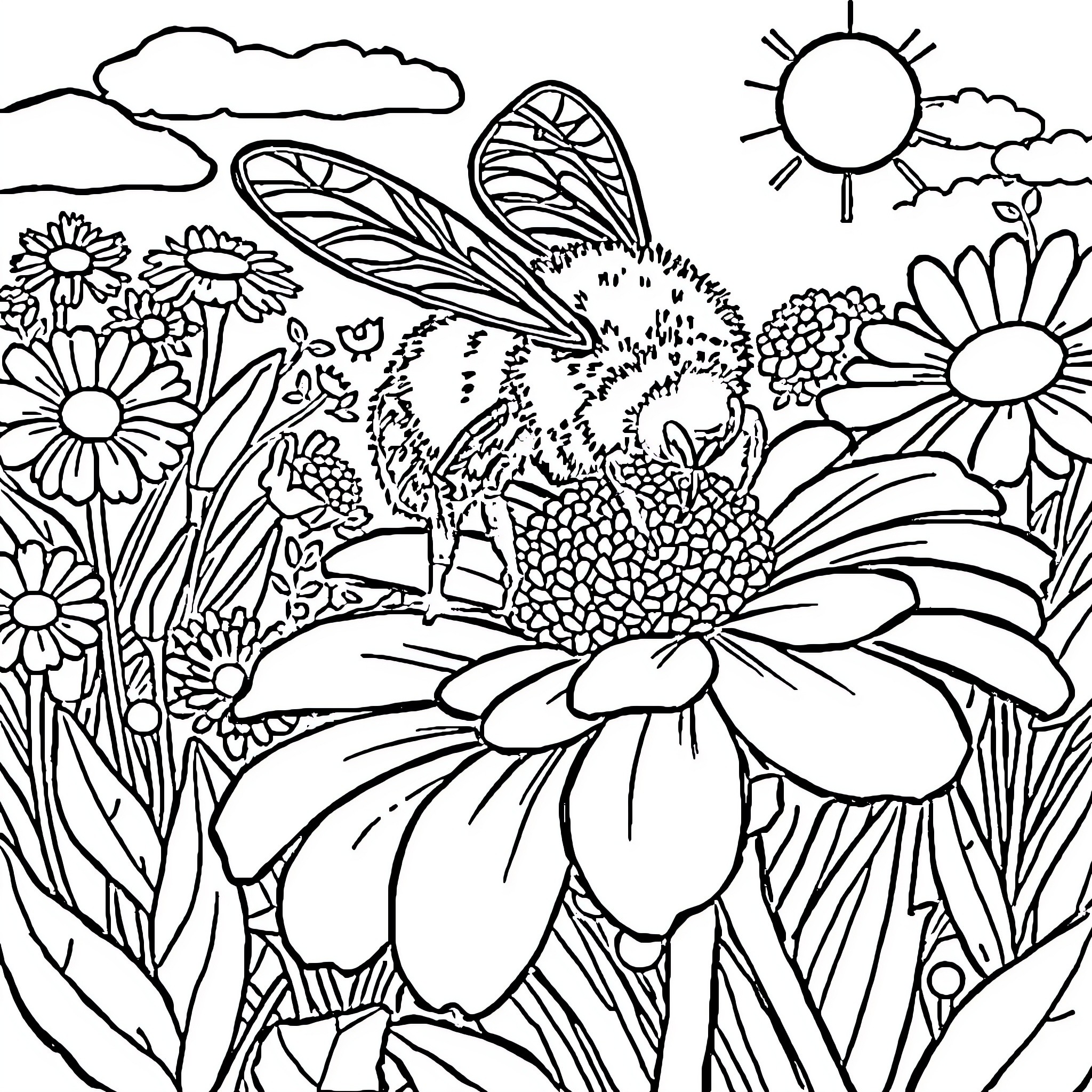 Bee exploring a vibrant floral garden Coloring Page (free black-and-white line drawing printable PDF for all, from beginners to advanced learners, including children, teens, adults, and seniors)