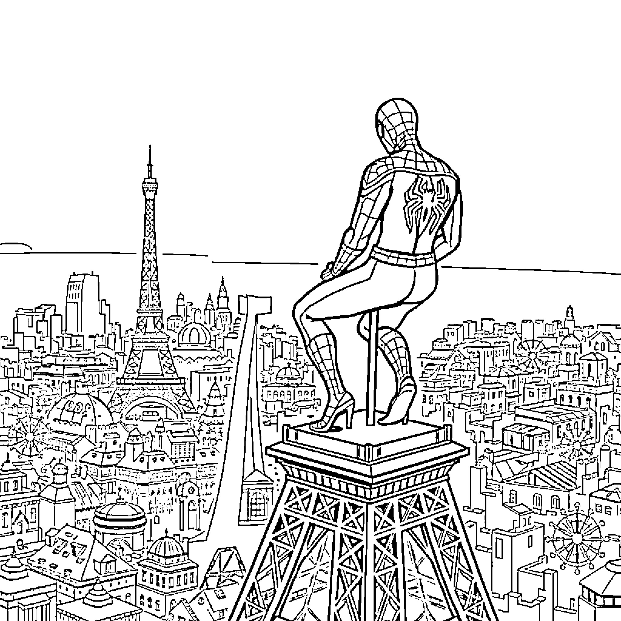 Spiderman surveys the cityscape from the Eiffel Tower Coloring Page (free black-and-white line drawing printable PDF for all, from beginners to advanced learners, including children, teens, adults, and seniors)
