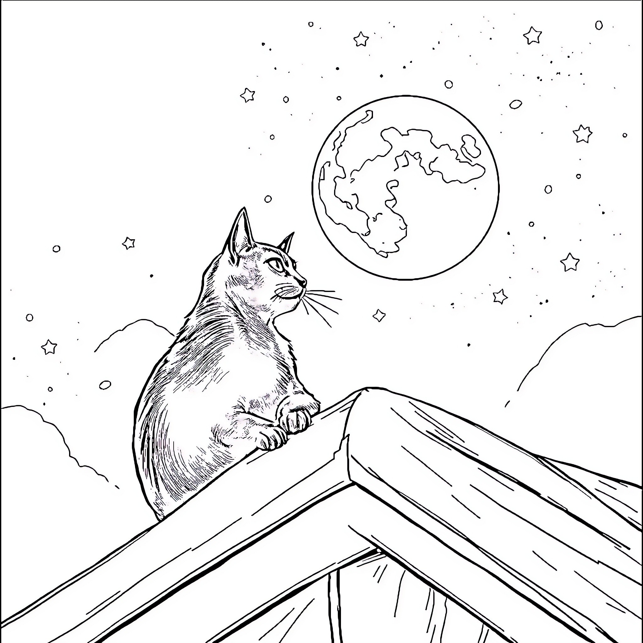 Cat gazing at the starry night sky Coloring Page (free black-and-white line drawing printable PDF for all, from beginners to advanced learners, including children, teens, adults, and seniors)