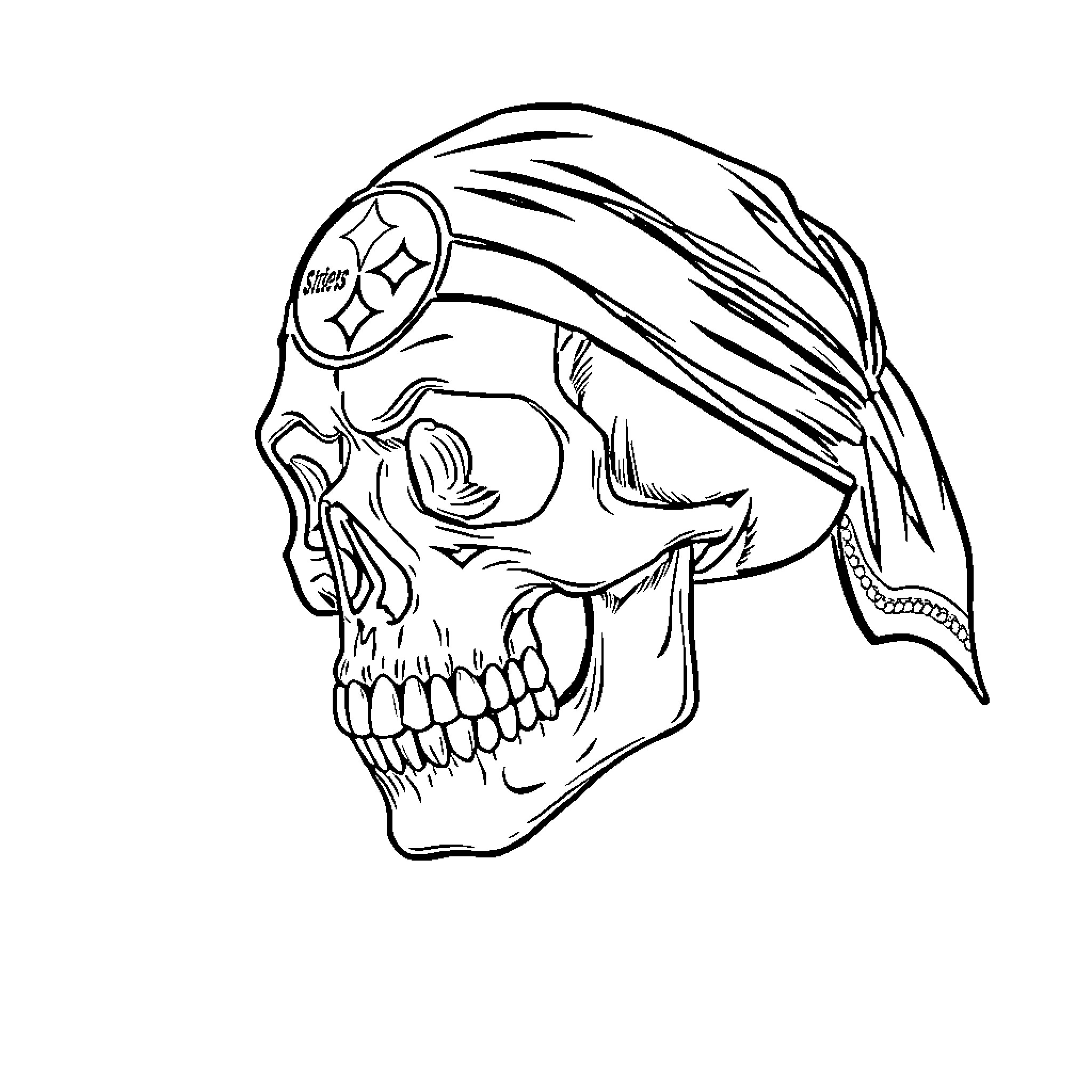 Skull with Bandana Wearing Soccer Ball Coloring Page (free black-and-white line drawing printable PDF for all, from beginners to advanced learners, including children, teens, adults, and seniors)