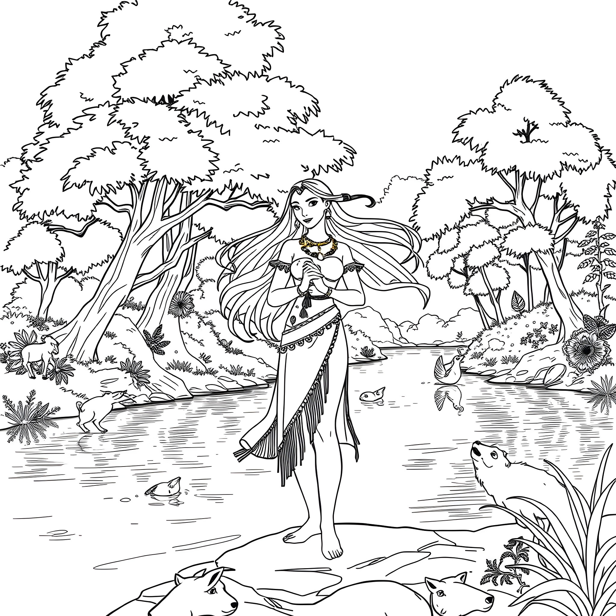 Pocahontas exploring the enchanting forest landscape Coloring Page (free black-and-white line drawing printable PDF for all, from beginners to advanced learners, including children, teens, adults, and seniors)