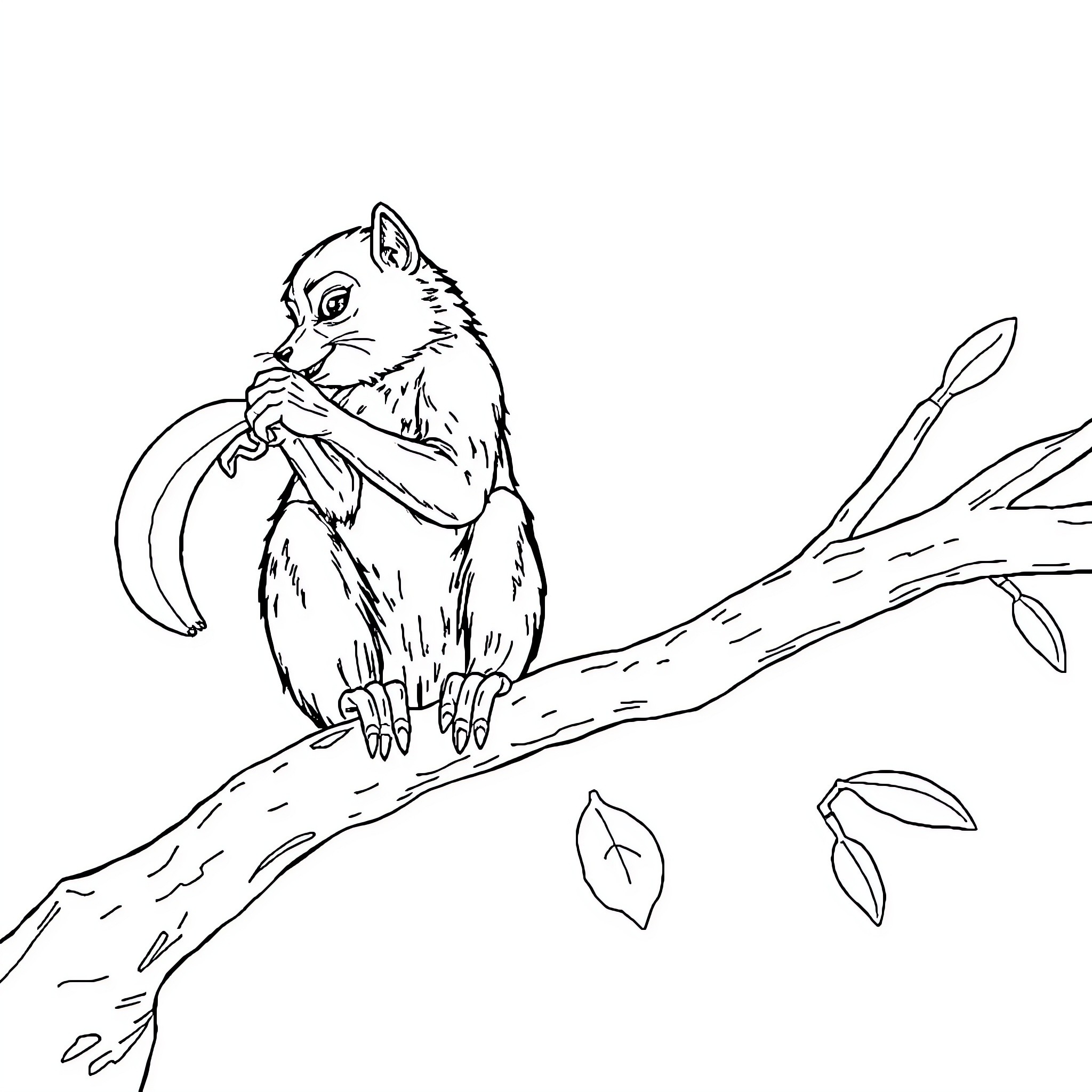 Squirrel perched on a branch in the forest Coloring Page (free black-and-white line drawing printable PDF for all, from beginners to advanced learners, including children, teens, adults, and seniors)