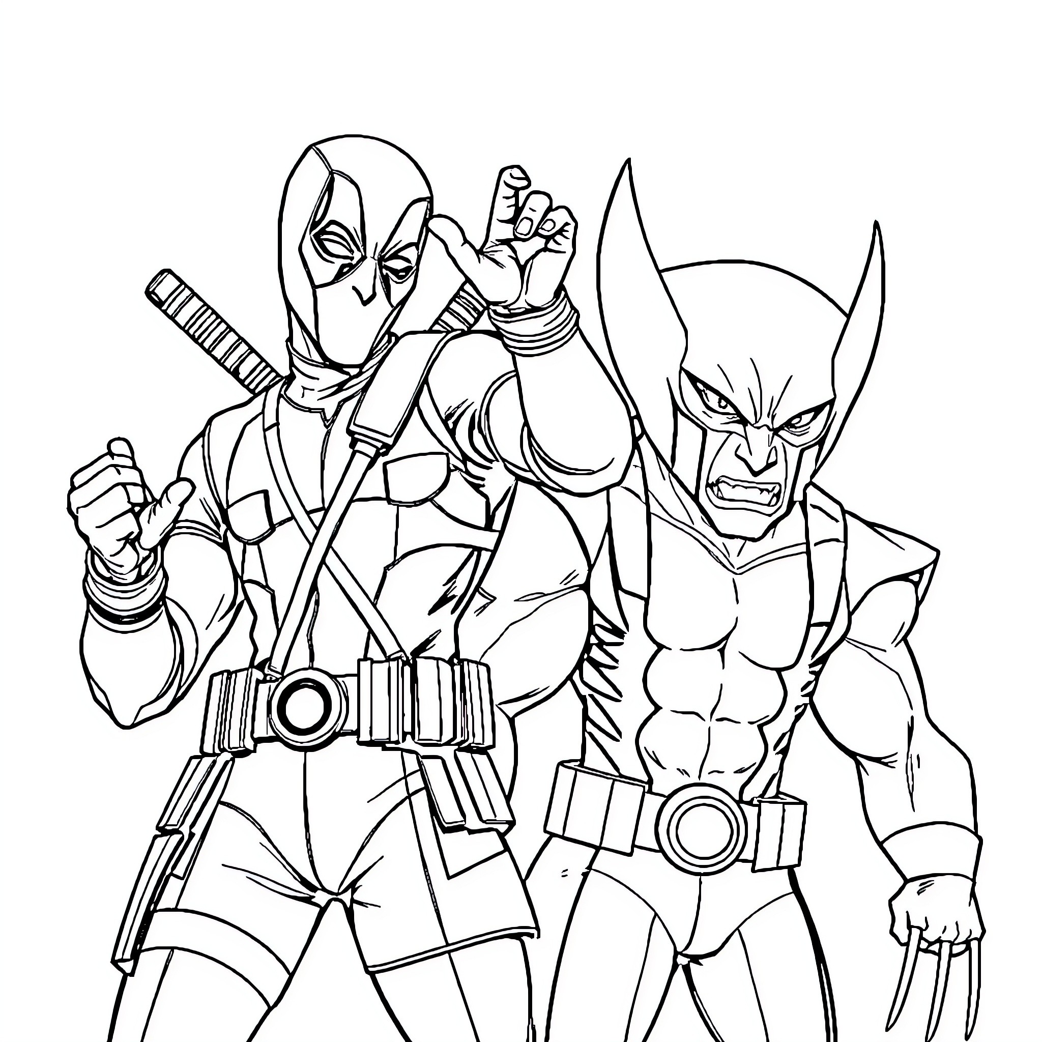 Deadpool and Wolverine in action-packed scene Coloring Page (free black-and-white line drawing printable PDF for all, from beginners to advanced learners, including children, teens, adults, and seniors)