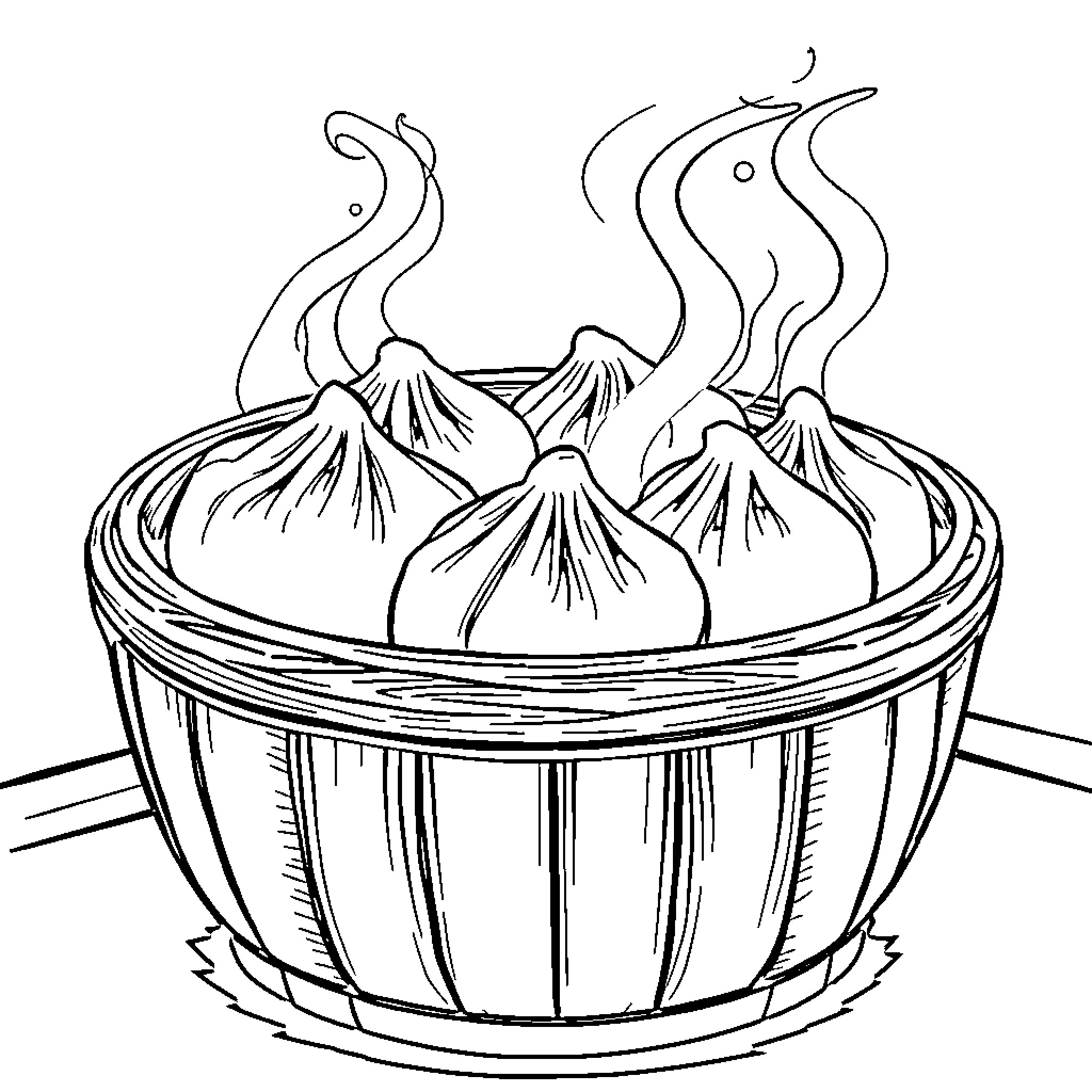 Xiaolongbao steaming in a bamboo basket Coloring Page (free black-and-white line drawing printable PDF for all, from beginners to advanced learners, including children, teens, adults, and seniors)