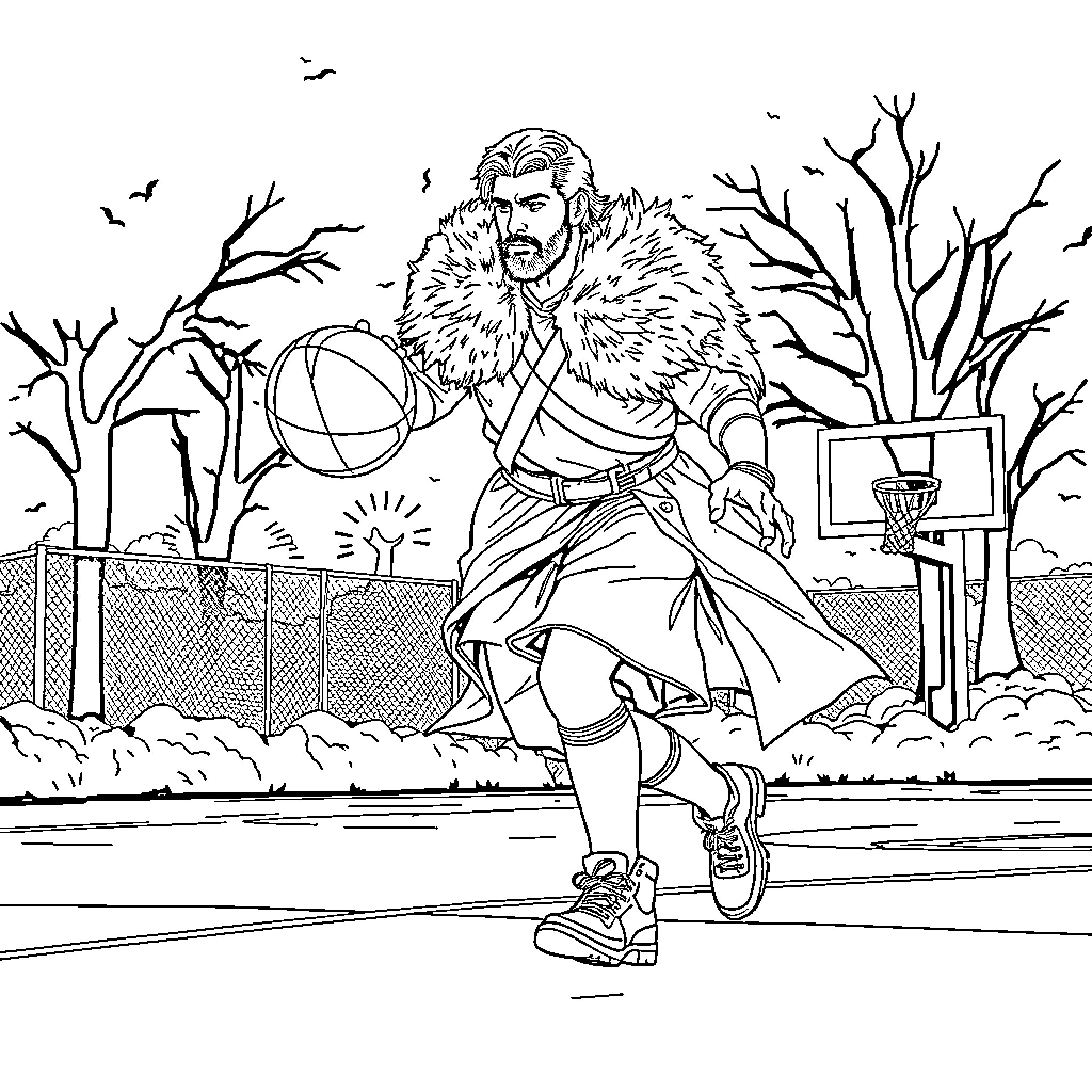 Jon Snow playing basketball in the winter Coloring Page (free black-and-white line drawing printable PDF for all, from beginners to advanced learners, including children, teens, adults, and seniors)