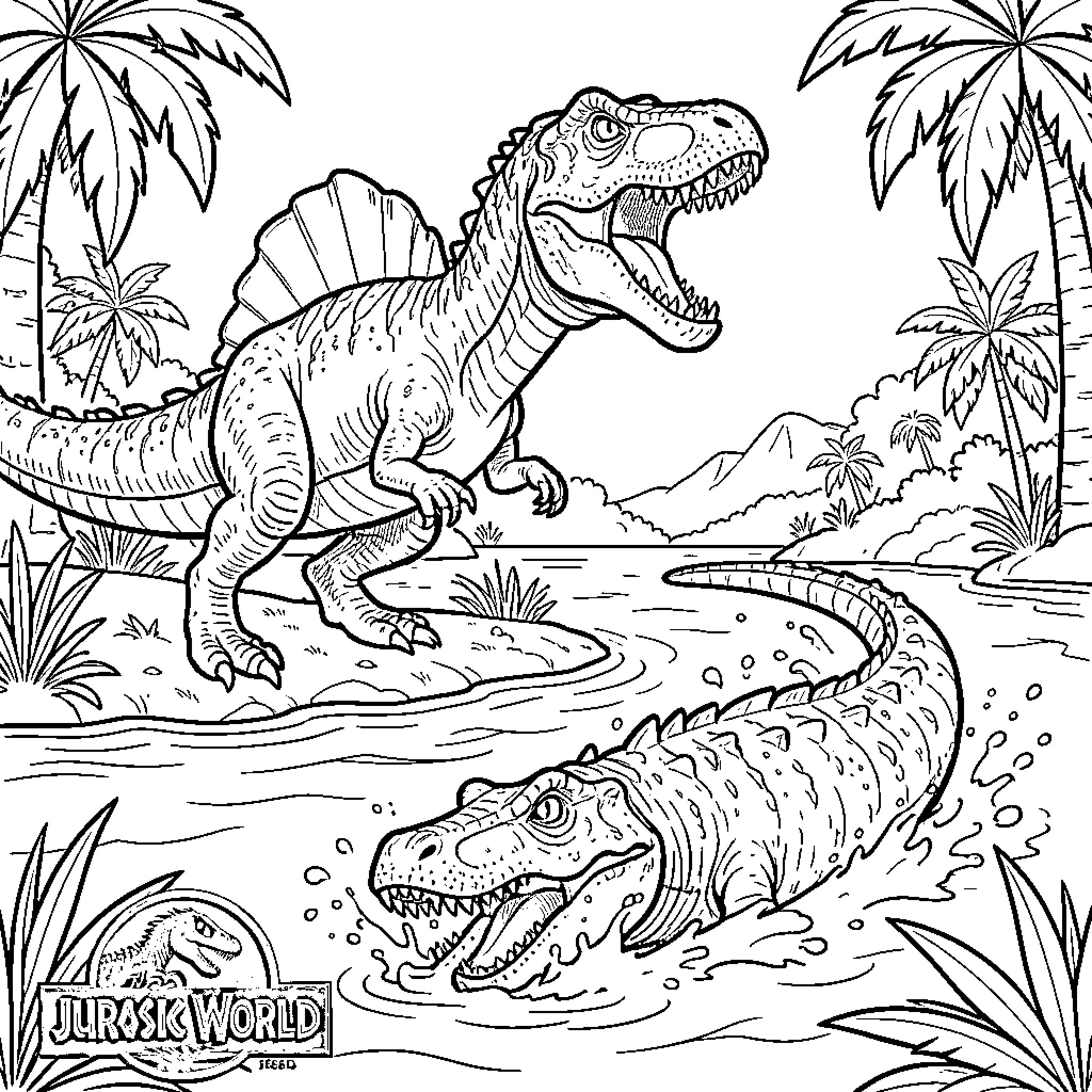 Spinosaurus roaring near water in a prehistoric jungle Coloring Page (free black-and-white line drawing printable PDF for all, from beginners to advanced learners, including children, teens, adults, and seniors)