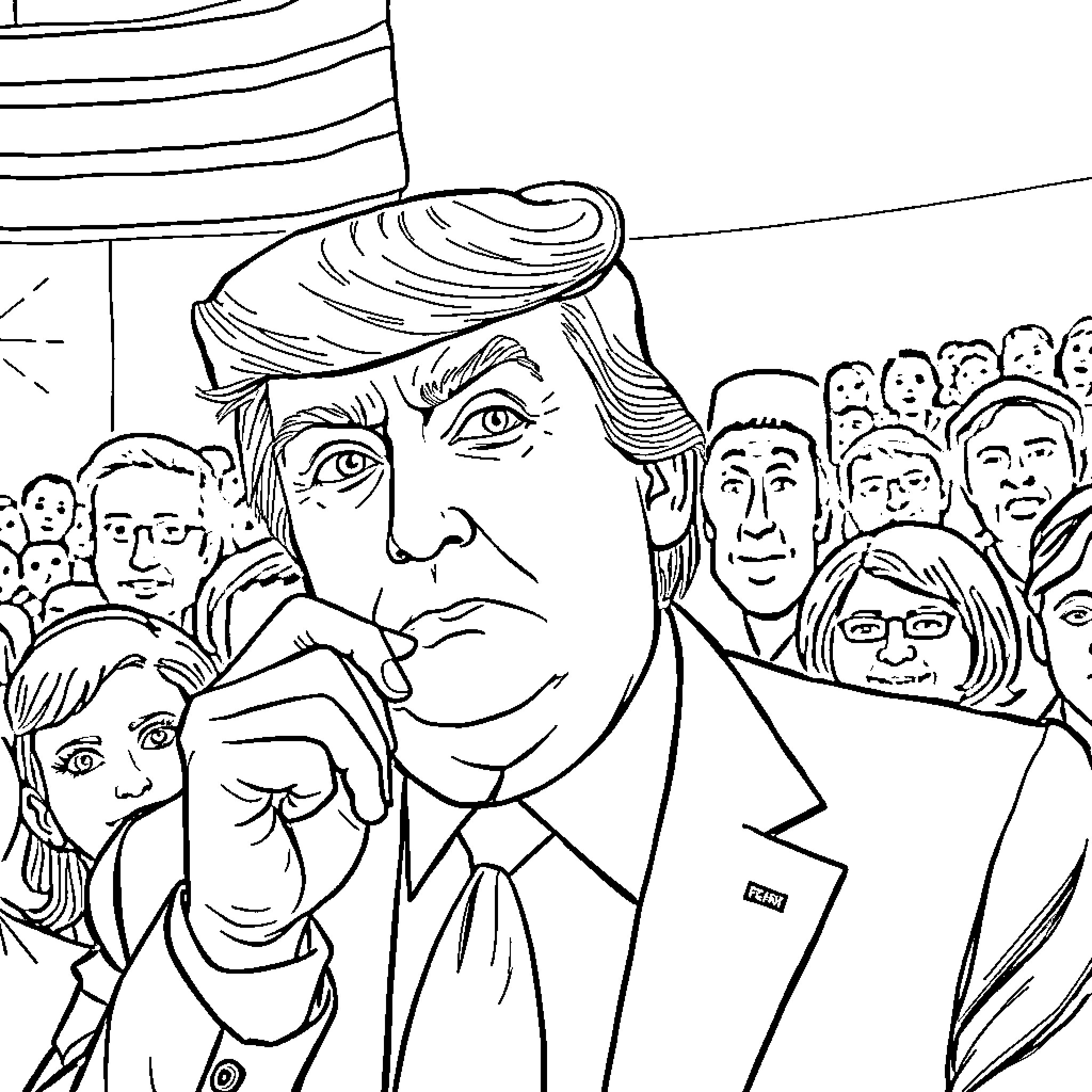 Donald Trump Addressing a Crowd of Supporters Coloring Page (free black-and-white line drawing printable PDF for all, from beginners to advanced learners, including children, teens, adults, and seniors)