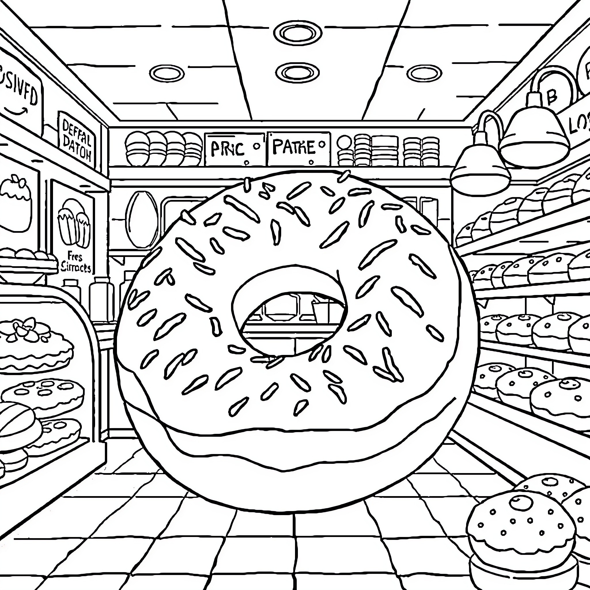 Donut in a Delightful Diner Scene Coloring Page (free black-and-white line drawing printable PDF for all, from beginners to advanced learners, including children, teens, adults, and seniors)