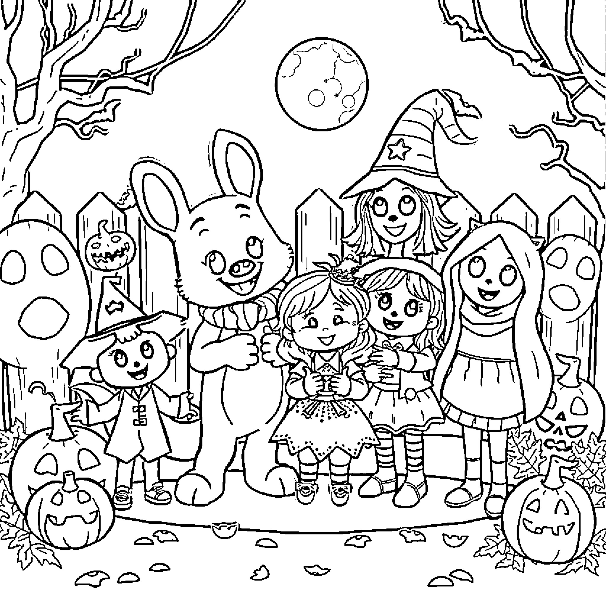 Bluey and friends explore a spooky Halloween scene Coloring Page (free black-and-white line drawing printable PDF for all, from beginners to advanced learners, including children, teens, adults, and seniors)