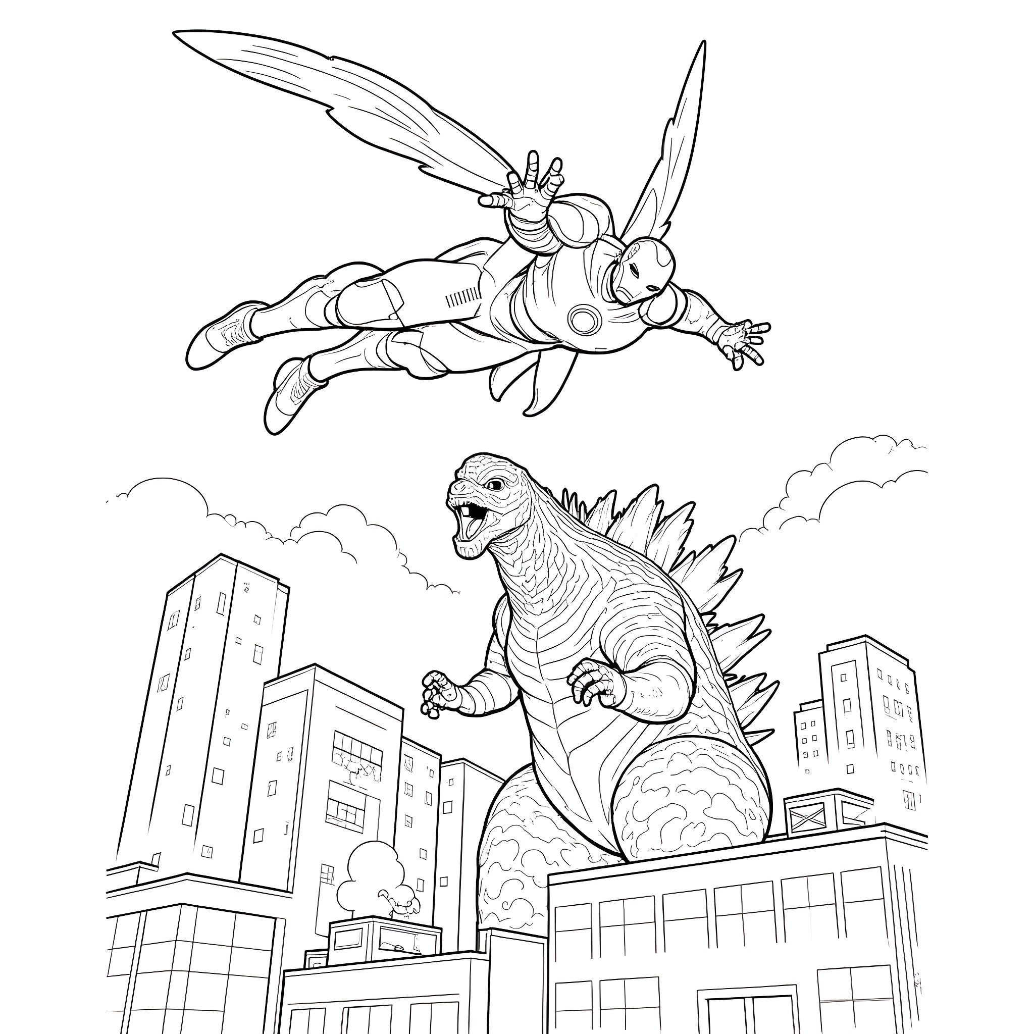 Ironman flying heroically above a city battling a giant lizard monster Coloring Page (free black-and-white line drawing printable PDF for all, from beginners to advanced learners, including children, teens, adults, and seniors)