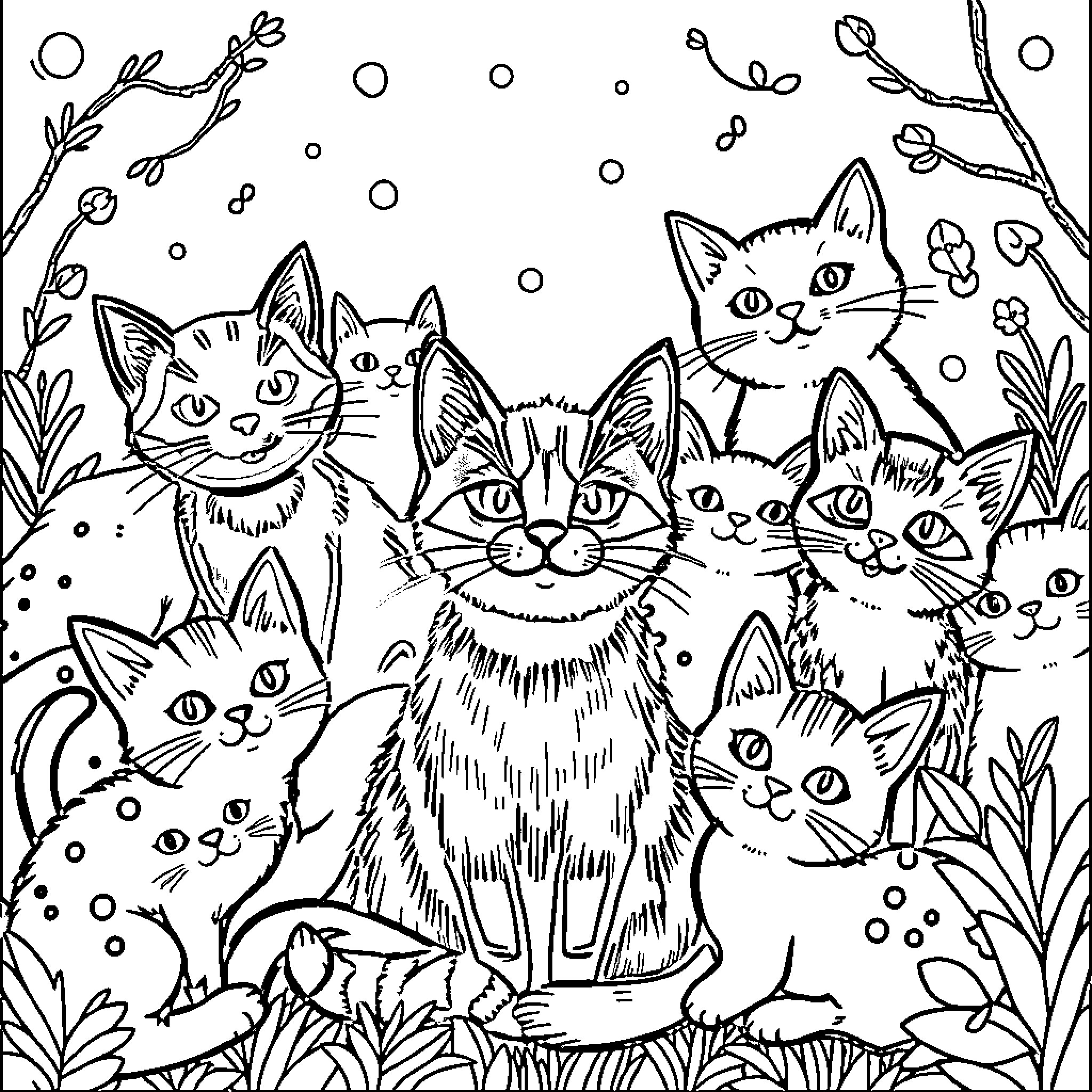 Cat Gathering in the Whimsical Garden Coloring Page (free black-and-white line drawing printable PDF for all, from beginners to advanced learners, including children, teens, adults, and seniors)