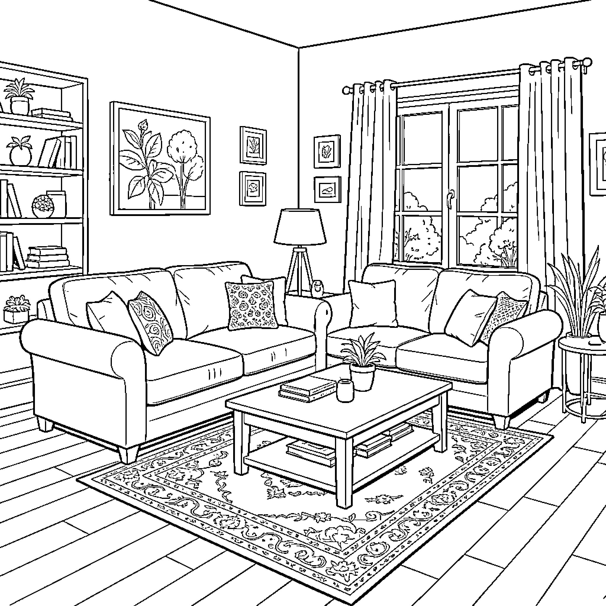 Living Room with Cozy Furnishings and Decor Coloring Page (free black-and-white line drawing printable PDF for all, from beginners to advanced learners, including children, teens, adults, and seniors)