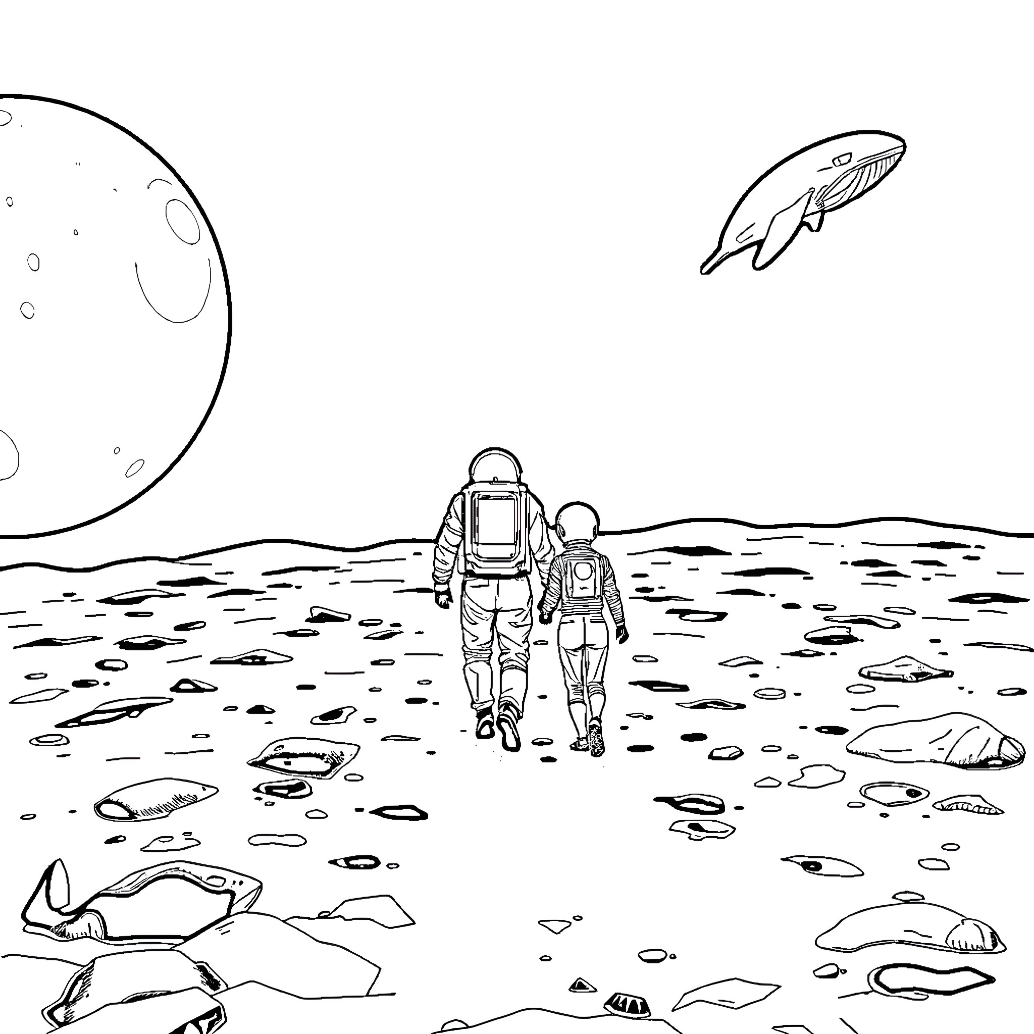 Couple exploring the lunar landscape Coloring Page (free black-and-white line drawing printable PDF for all, from beginners to advanced learners, including children, teens, adults, and seniors)