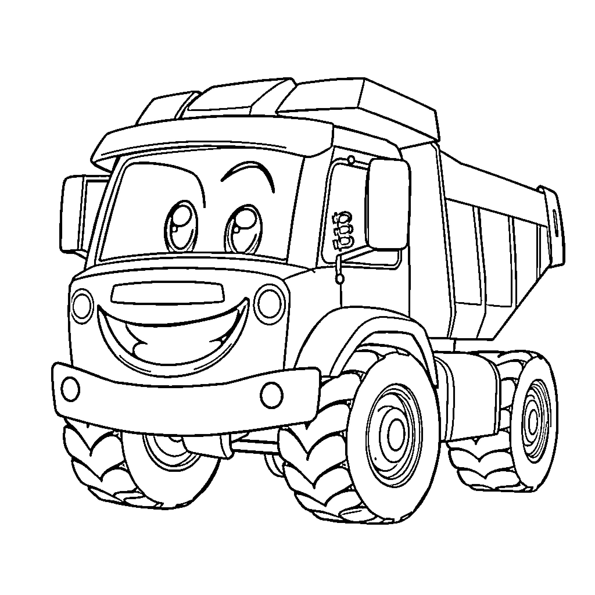 Construction Truck carrying cheerful load Coloring Page (free black-and-white line drawing printable PDF for all, from beginners to advanced learners, including children, teens, adults, and seniors)