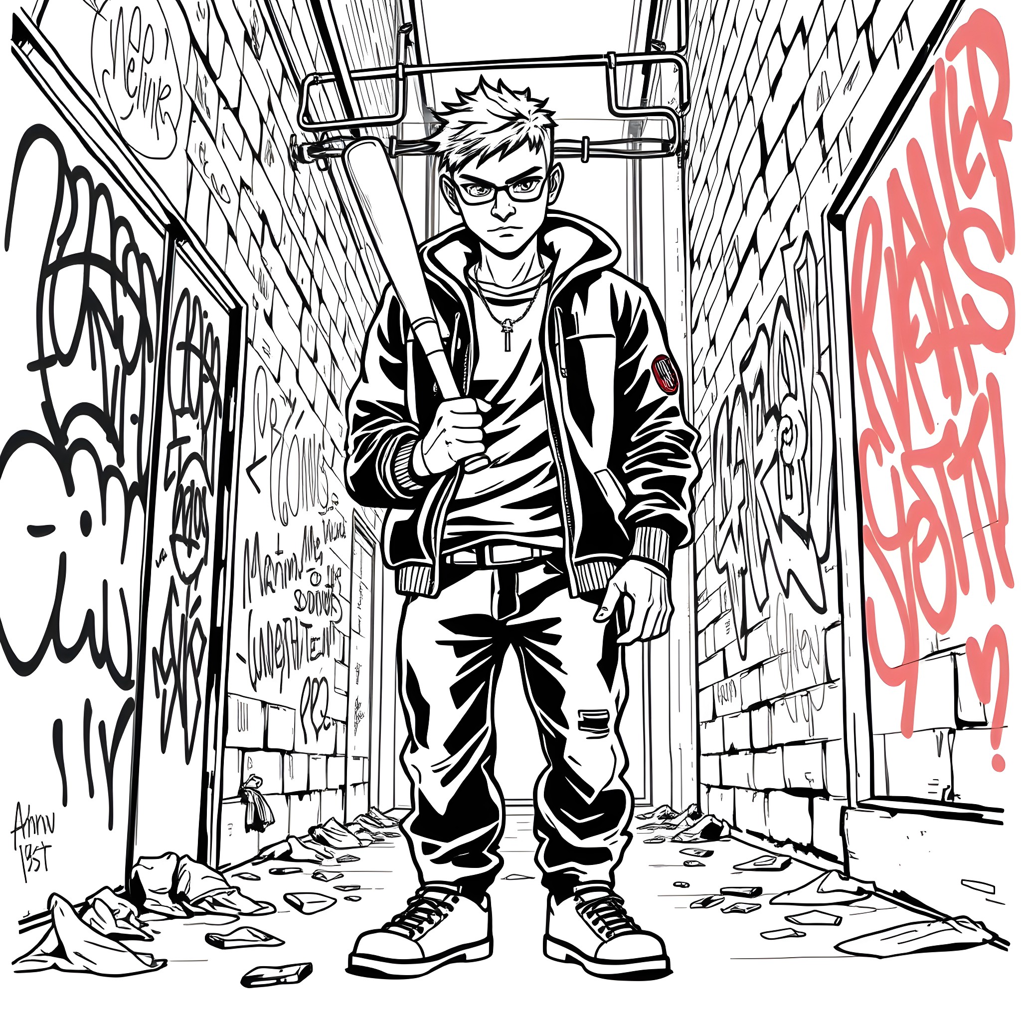 Gangster in a gritty urban alley Coloring Page (free black-and-white line drawing printable PDF for all, from beginners to advanced learners, including children, teens, adults, and seniors)