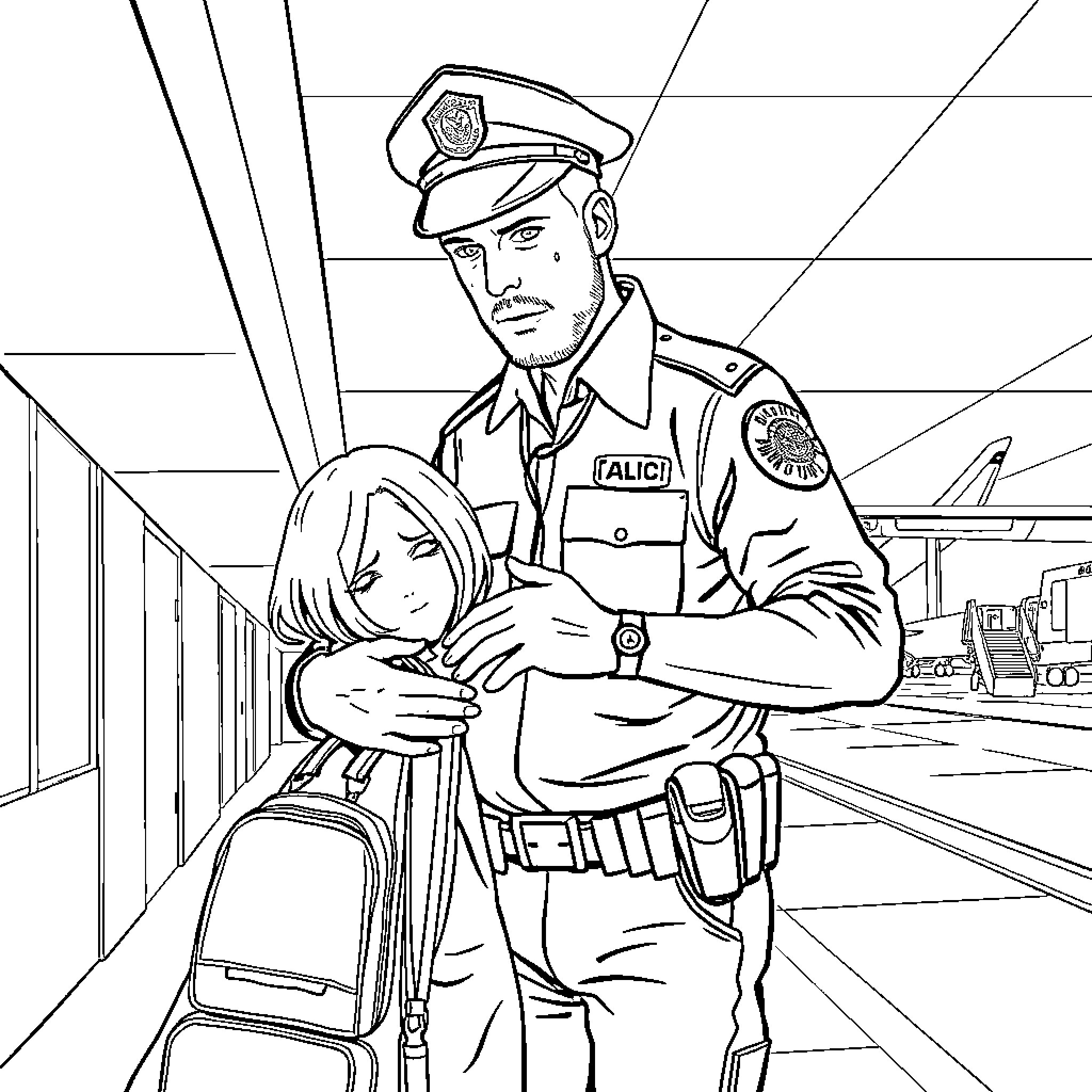 Hombre Officer Comforting Distressed Civilian Coloring Page (free black-and-white line drawing printable PDF for all, from beginners to advanced learners, including children, teens, adults, and seniors)