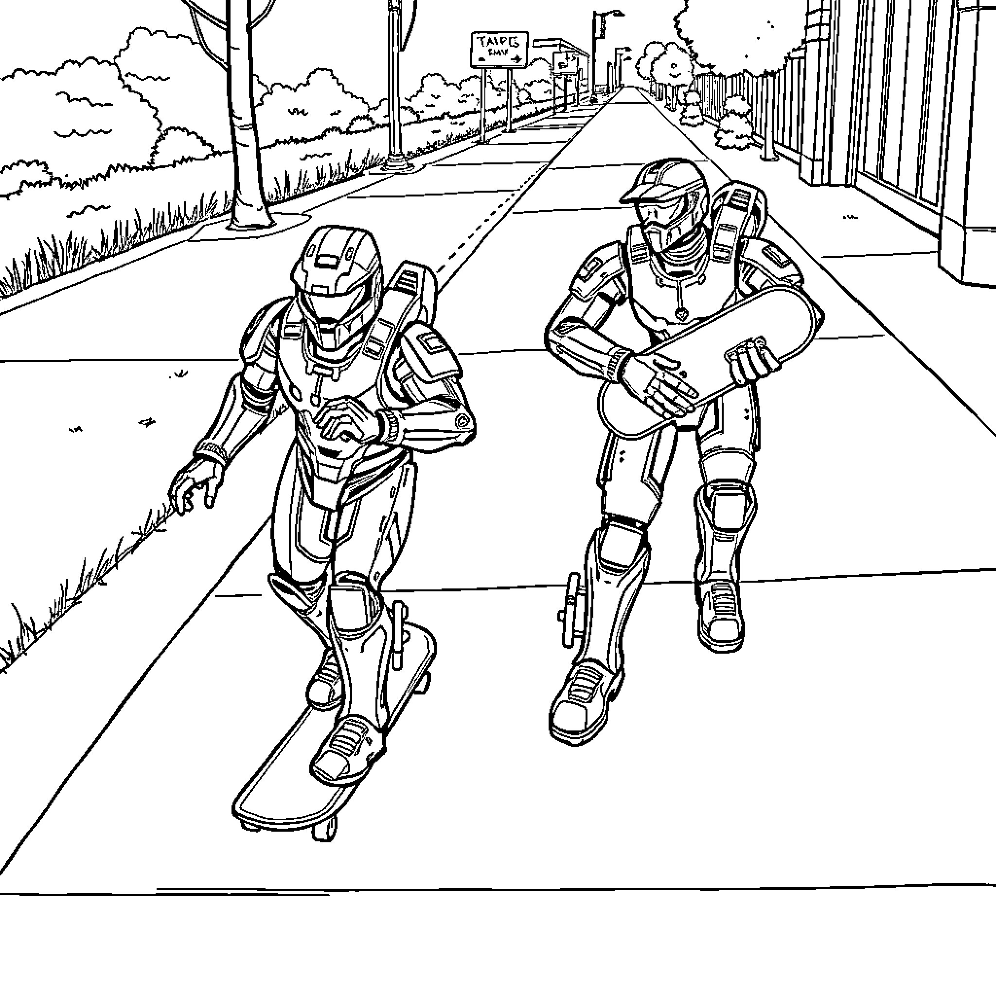 Master Chief and Companion Explore Futuristic Cityscape Coloring Page (free black-and-white line drawing printable PDF for all, from beginners to advanced learners, including children, teens, adults, and seniors)