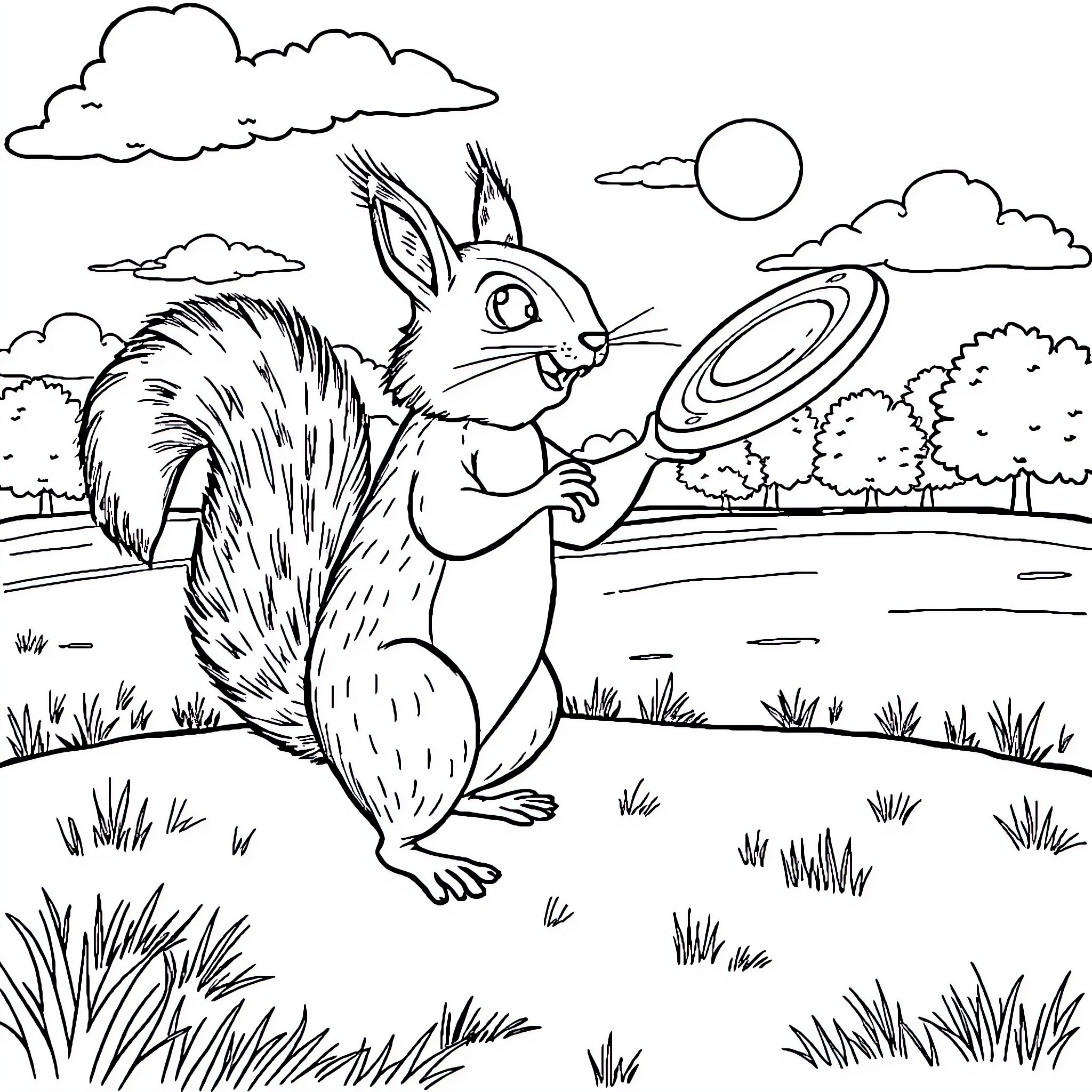 Squirrel playing with frisbee in the park Coloring Page (free black-and-white line drawing printable PDF for all, from beginners to advanced learners, including children, teens, adults, and seniors)