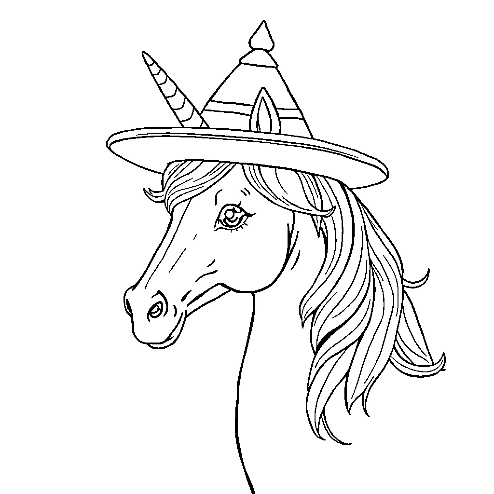 Unicorn Witch with Flowing Mane Coloring Page (free black-and-white line drawing printable PDF for all, from beginners to advanced learners, including children, teens, adults, and seniors)