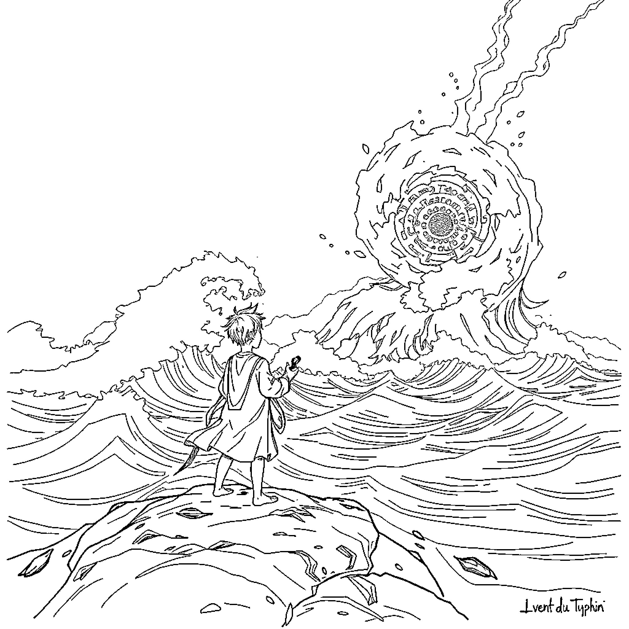 Kai's Mystical Journey Through Cosmic Waves Coloring Page (free black-and-white line drawing printable PDF for all, from beginners to advanced learners, including children, teens, adults, and seniors)