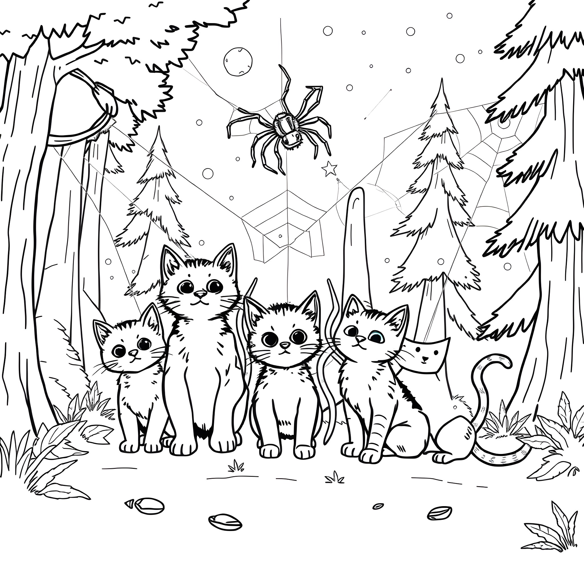 Kitty friends in the enchanted forest Coloring Page (free black-and-white line drawing printable PDF for all, from beginners to advanced learners, including children, teens, adults, and seniors)