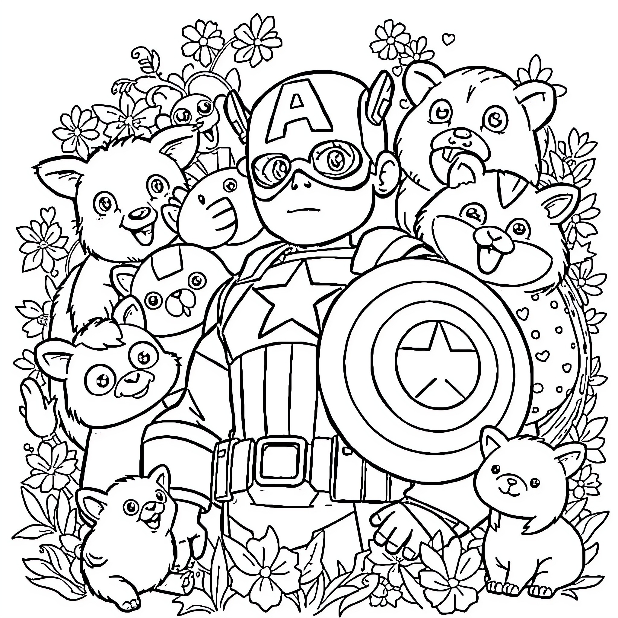 Captain America Surrounded by Cute Cartoon Animals Coloring Page (free black-and-white line drawing printable PDF for all, from beginners to advanced learners, including children, teens, adults, and seniors)