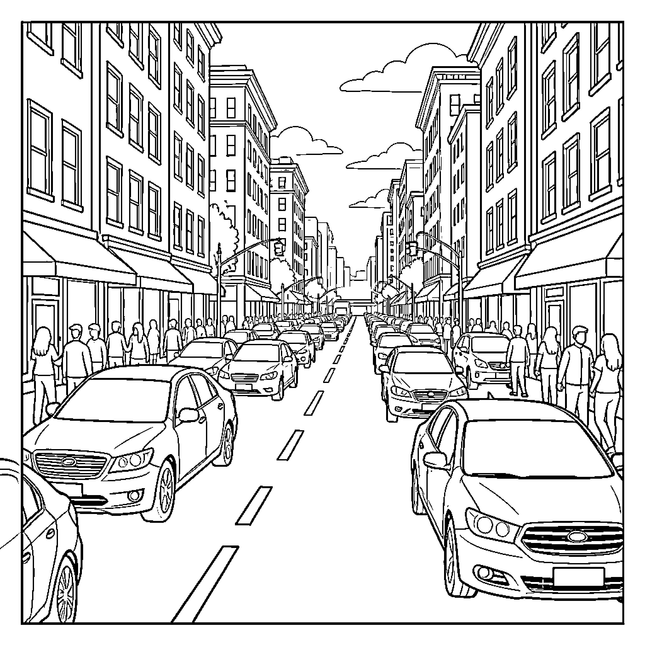 Car driving through a busy city street scene Coloring Page (free black-and-white line drawing printable PDF for all, from beginners to advanced learners, including children, teens, adults, and seniors)