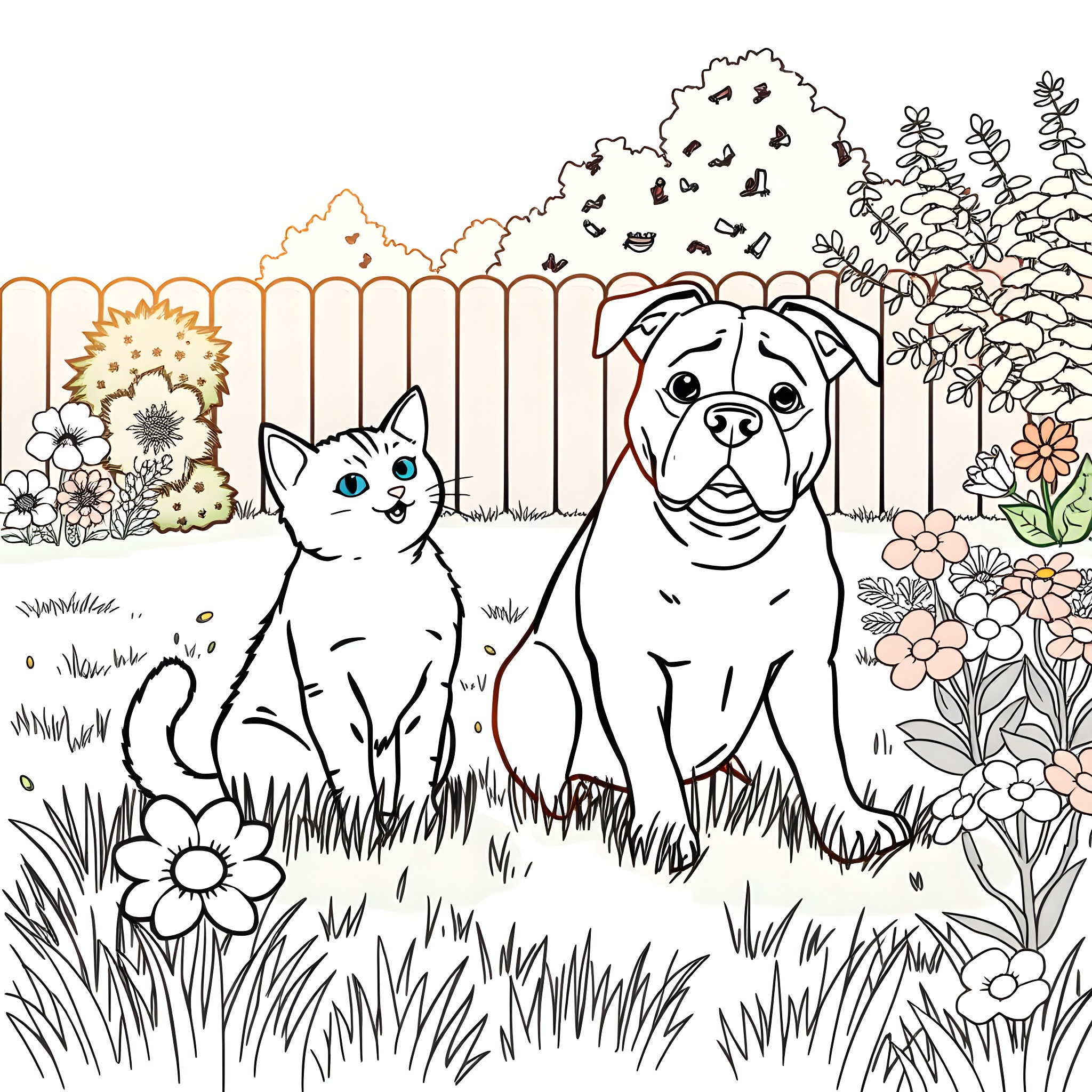 Cat and dog playing in a backyard garden Coloring Page (free black-and-white line drawing printable PDF for all, from beginners to advanced learners, including children, teens, adults, and seniors)