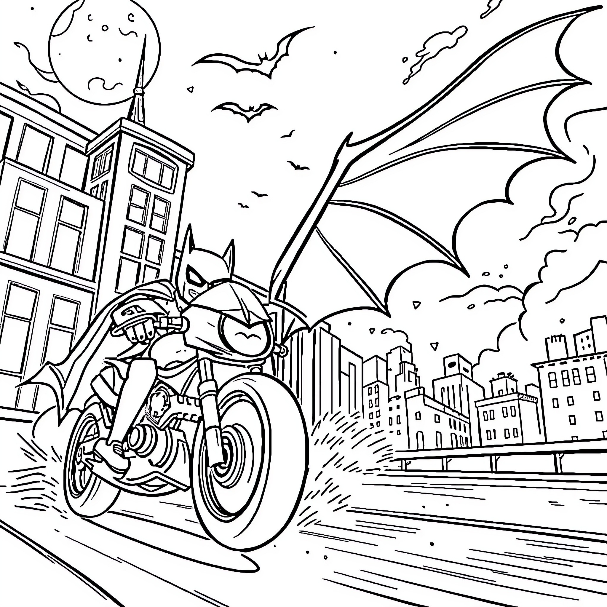 Batwheels racing through the city Coloring Page (free black-and-white line drawing printable PDF for all, from beginners to advanced learners, including children, teens, adults, and seniors)