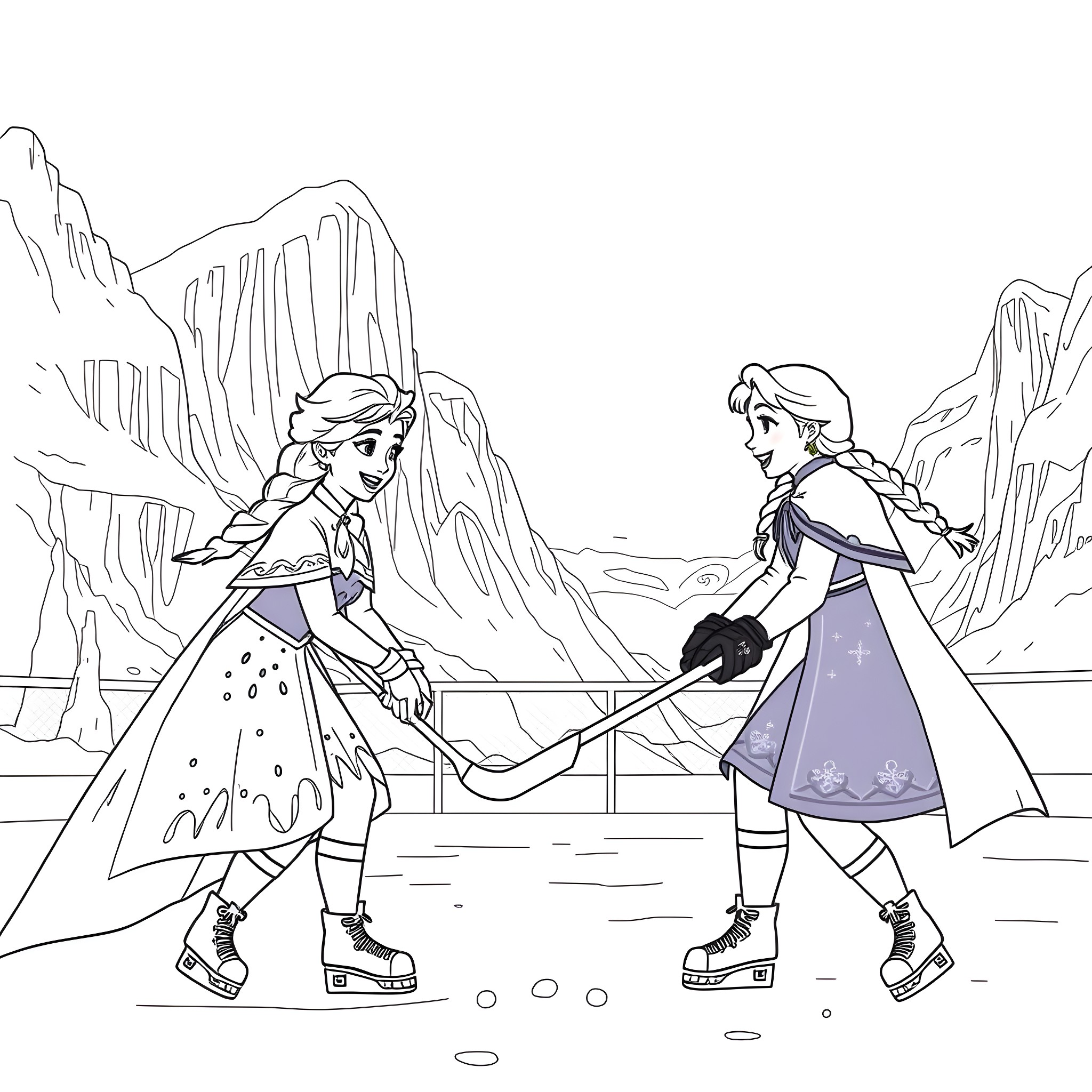 Elsa and Anna ice skating in the mountains Coloring Page (free black-and-white line drawing printable PDF for all, from beginners to advanced learners, including children, teens, adults, and seniors)
