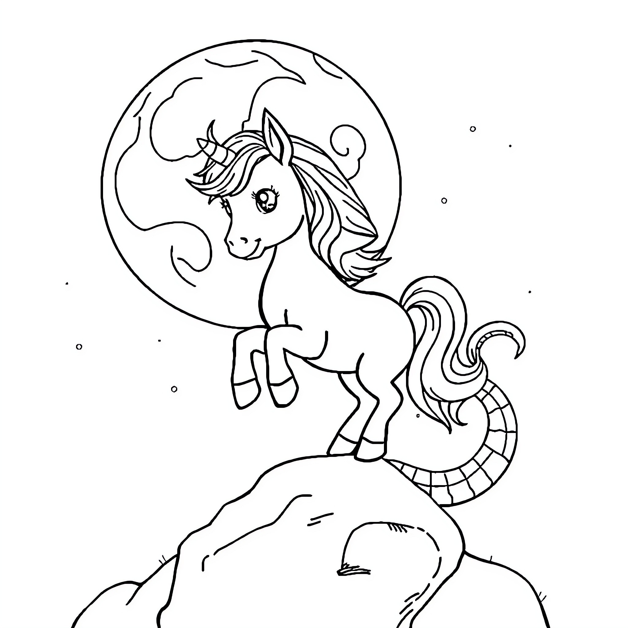 Pony gazing at the moon with a whimsical expression Coloring Page (free black-and-white line drawing printable PDF for all, from beginners to advanced learners, including children, teens, adults, and seniors)